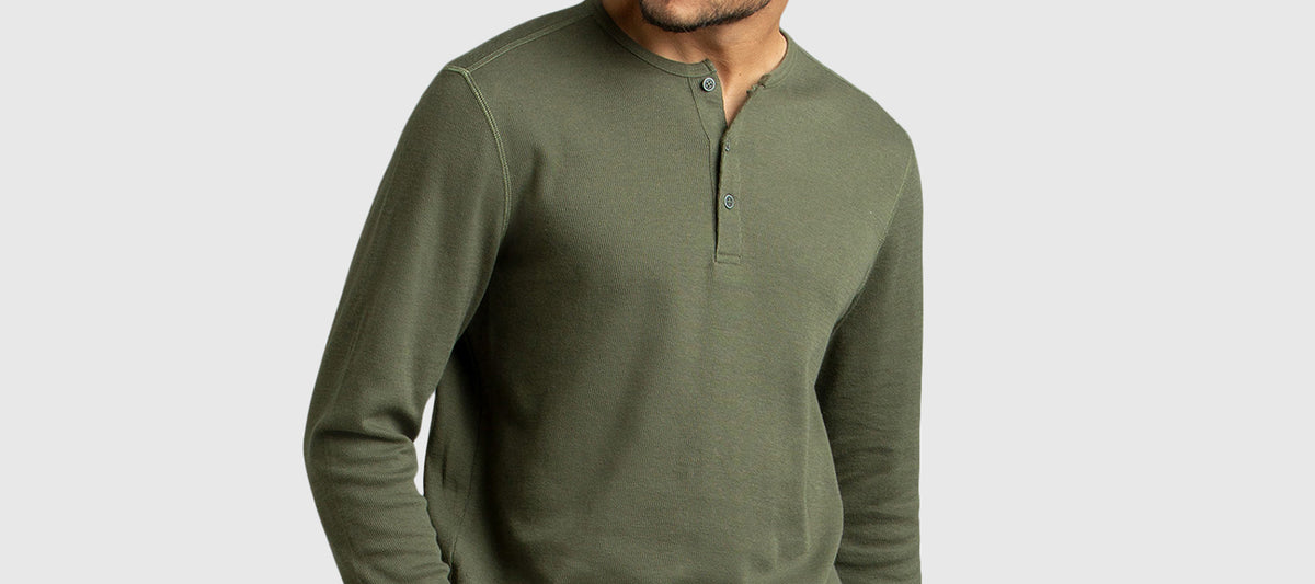 Shop our men’s waffle long sleeved Henley tops