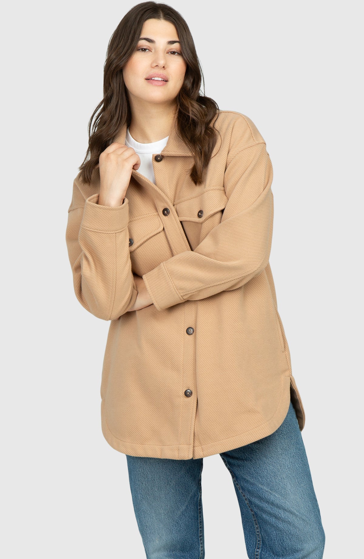 Hazelnut Oversized Twill Knit Shacket for Women - Front Buttoned Up