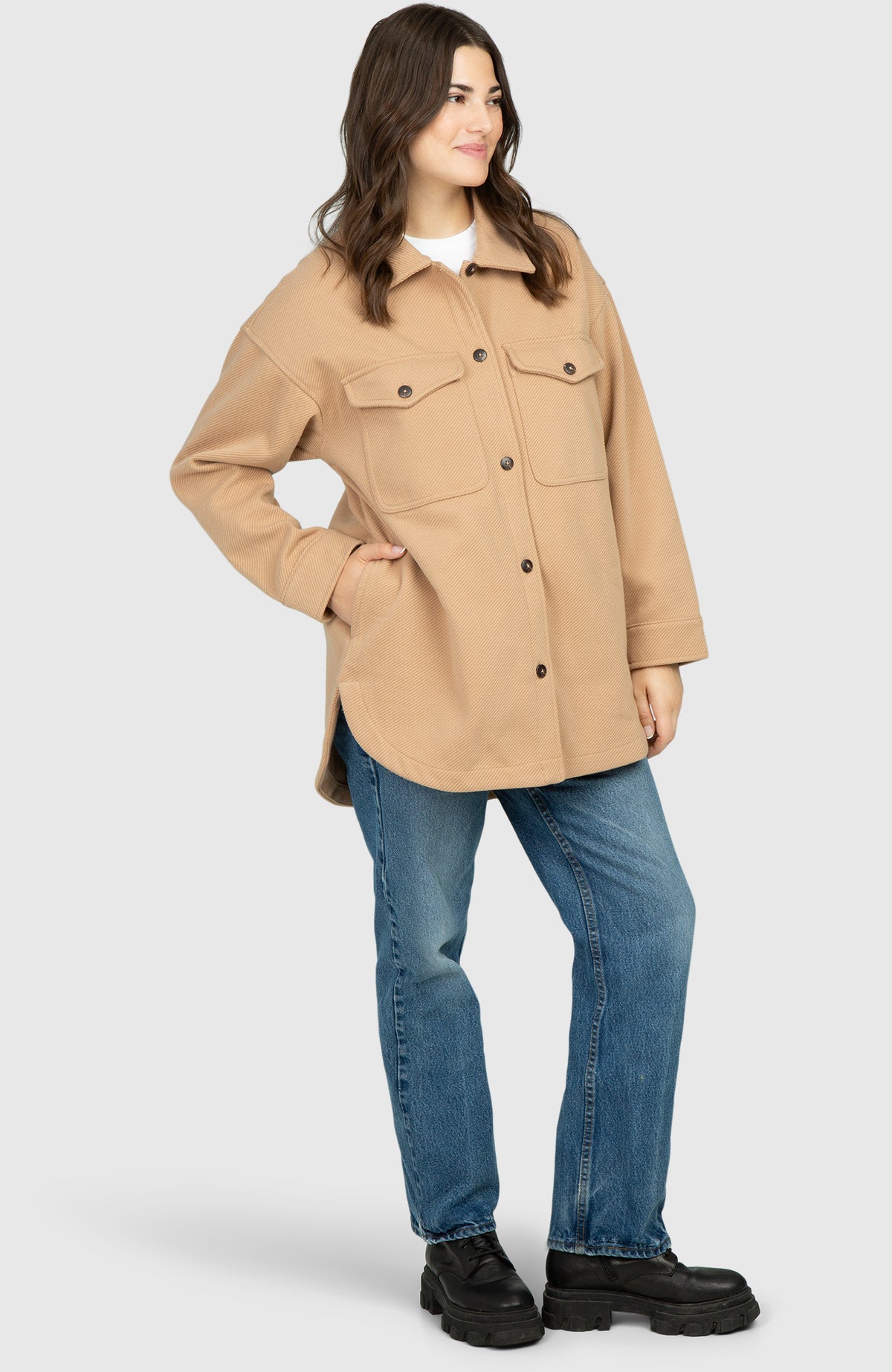 Hazelnut Oversized Twill Knit Shacket for Women - Full Length