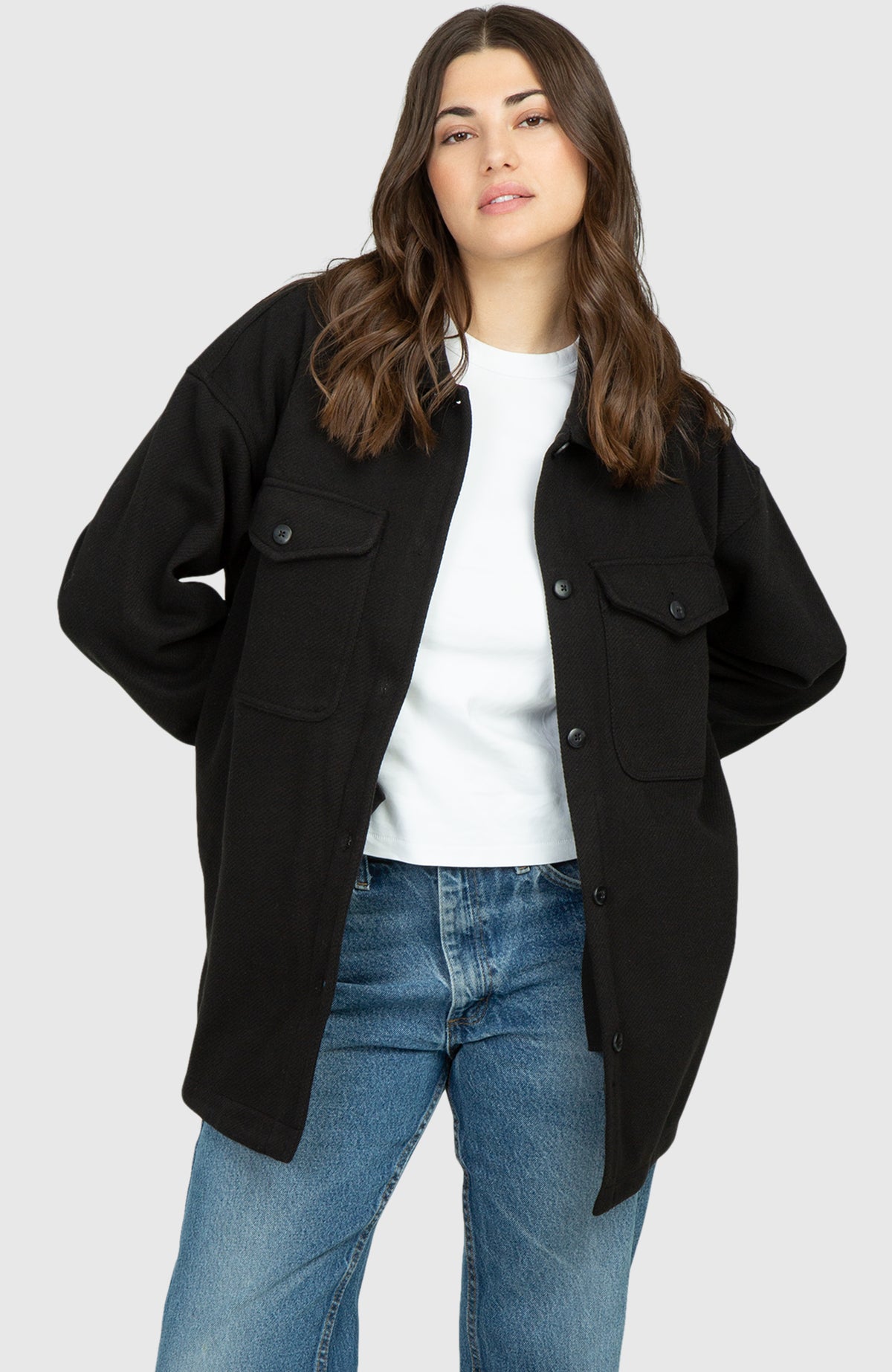 Smokey Black Oversized Twill Knit Shacket for Women - Front