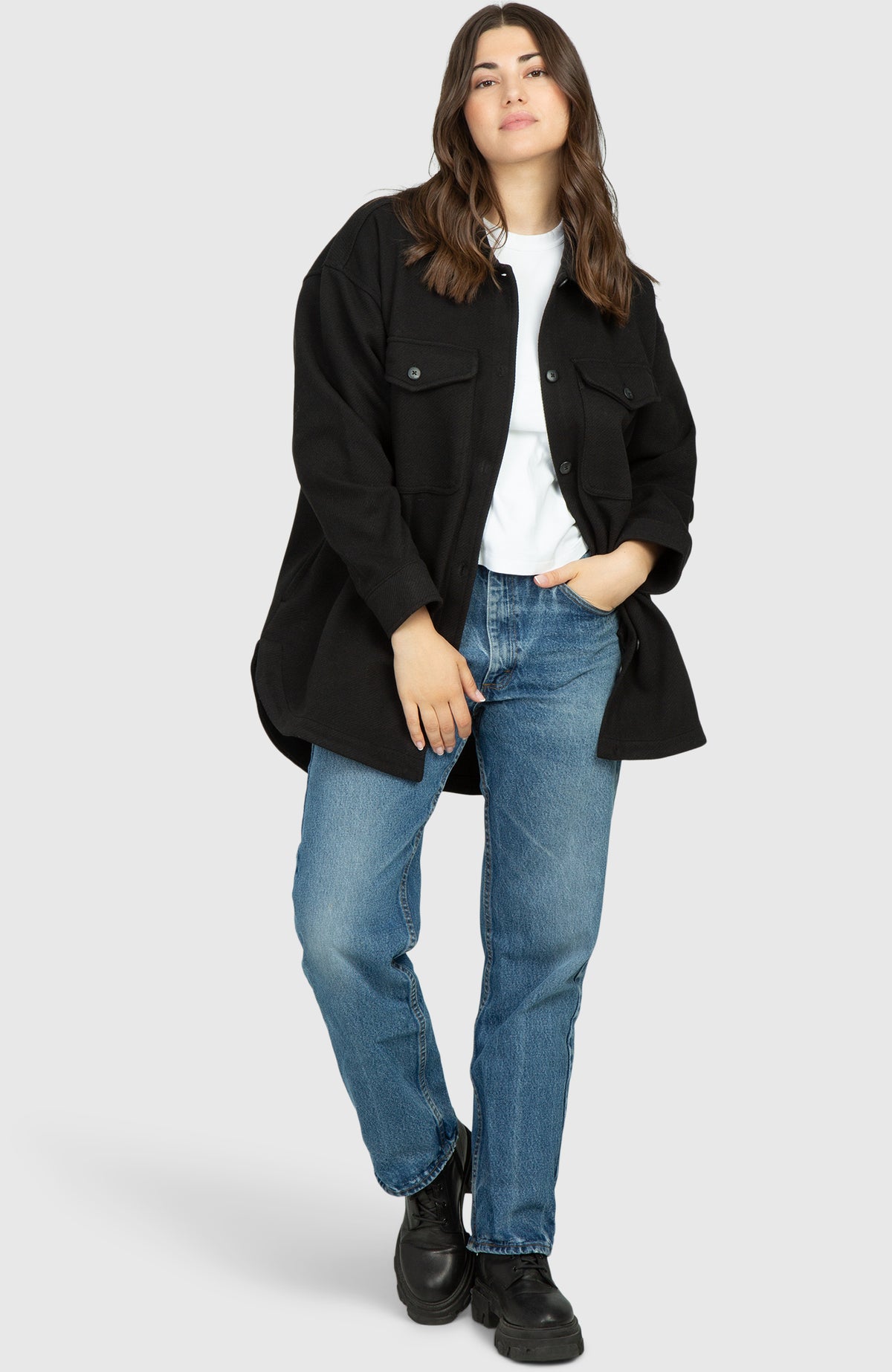 Smokey Black Oversized Twill Knit Shacket for Women - Full Length