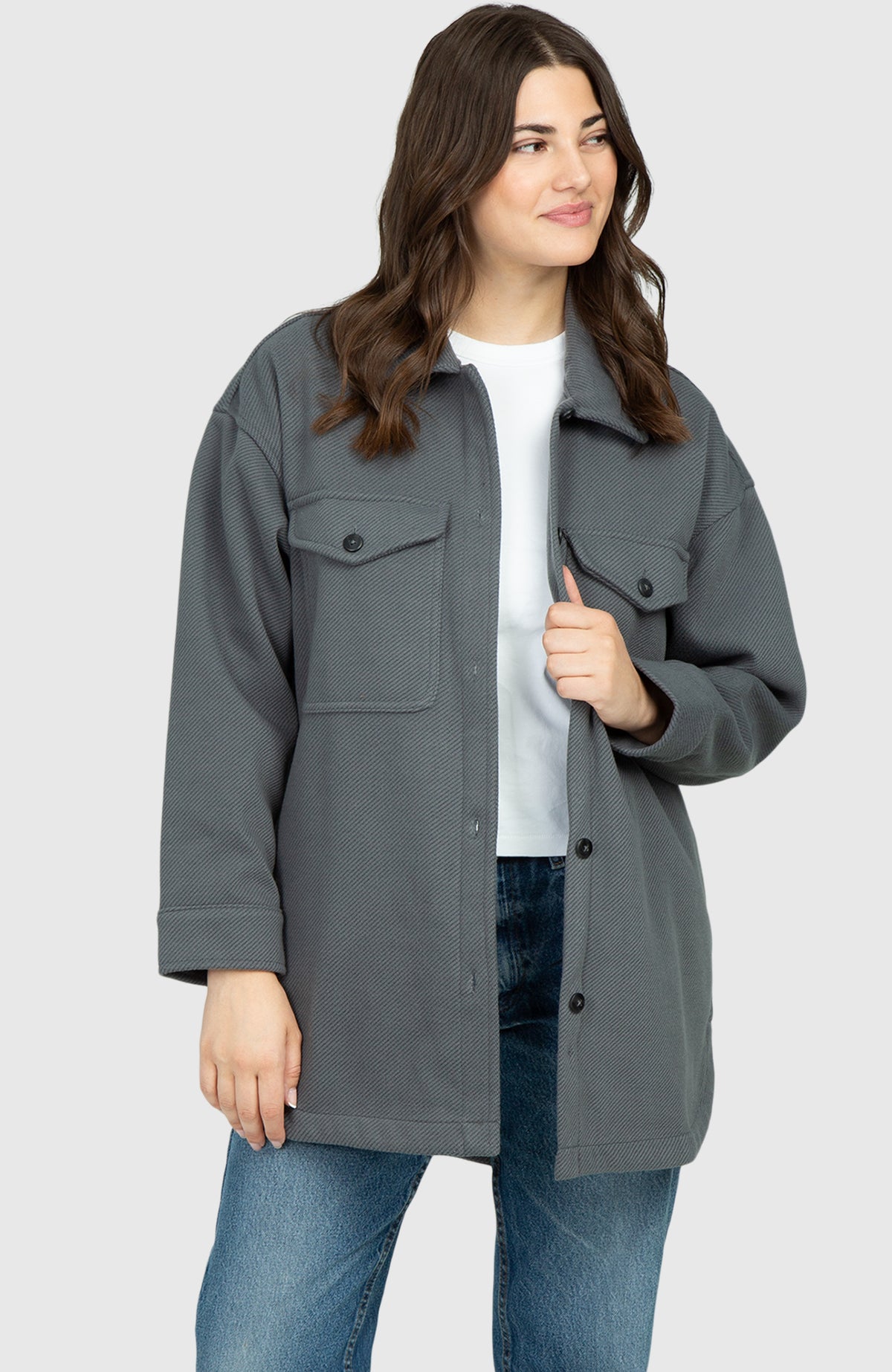 Slate Grey Oversized Twill Knit Shacket for Women - Front