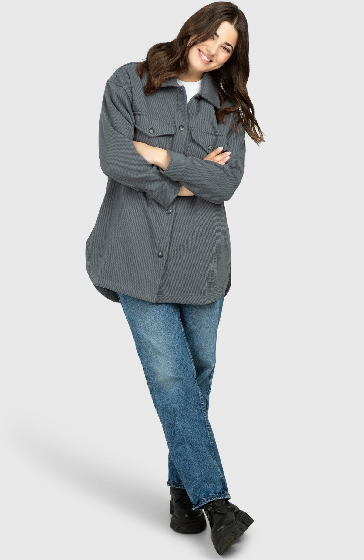 Slate Grey Oversized Twill Knit Shacket for Women - Full Length