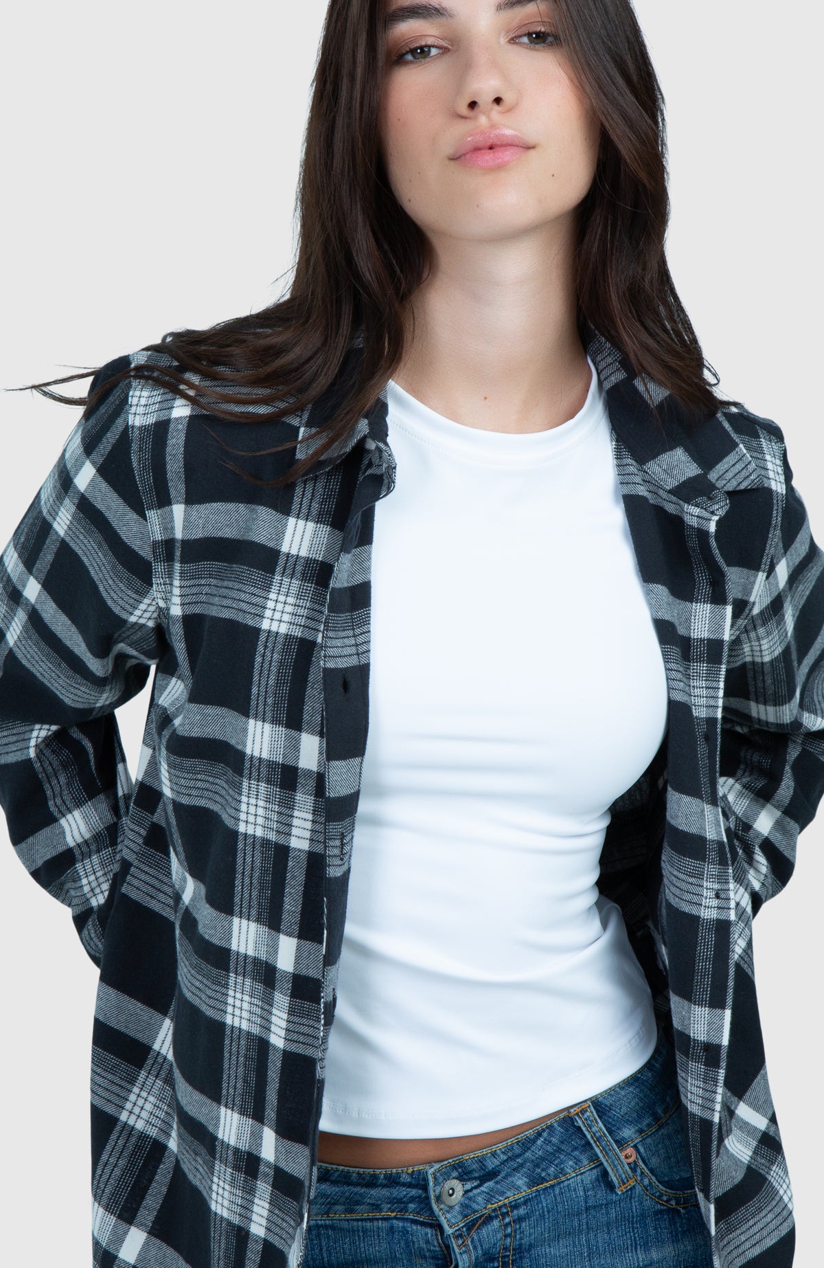 Black Moonlight Boyfriend Plaid Shirt for Women - CloseUp
