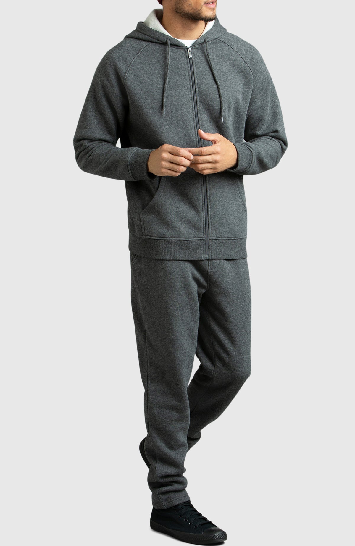 Heather Grey Front Zip Fleece Hoodie for Men - Full