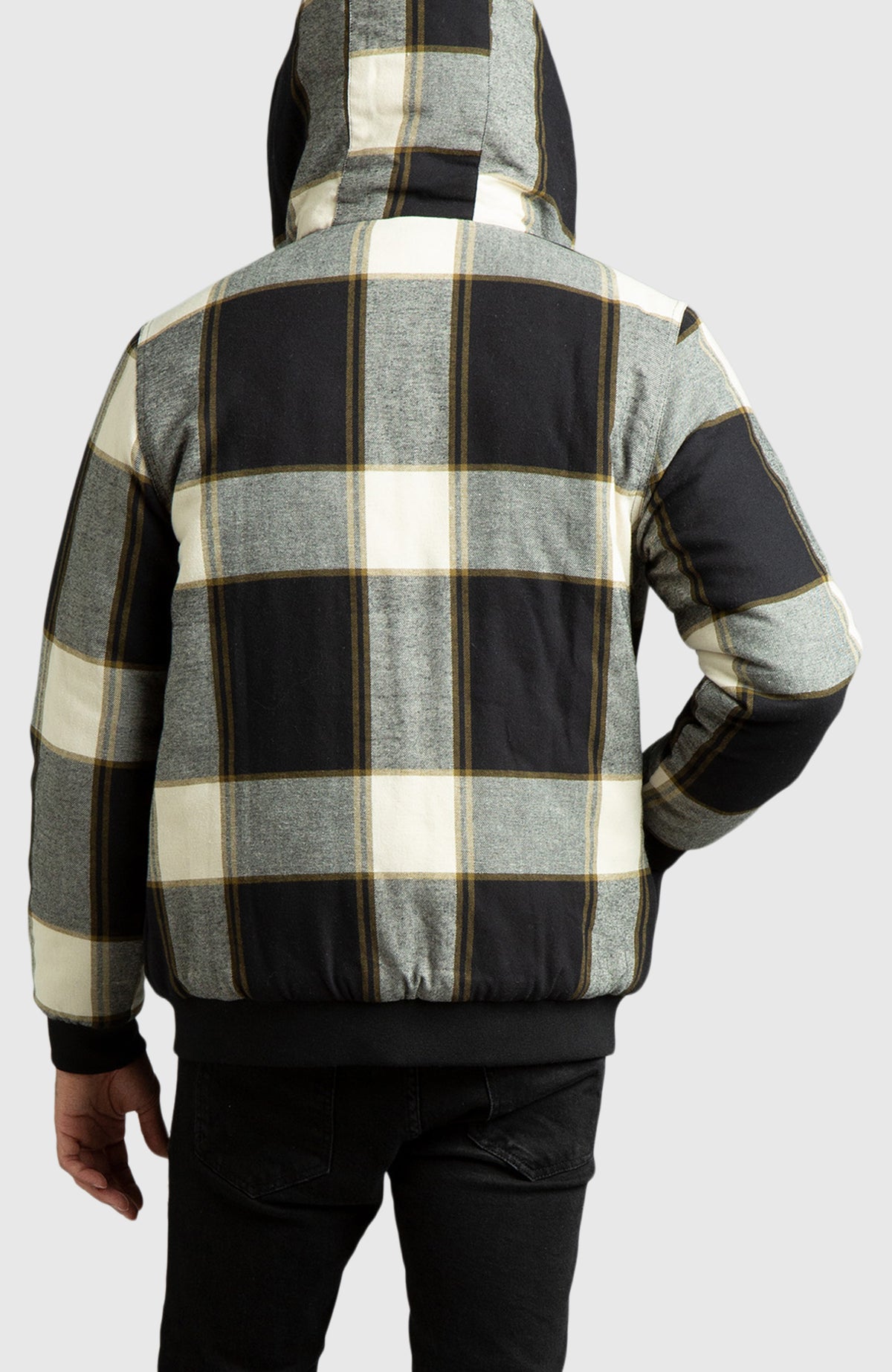Oatmeal Hooded Flannel Bomber Jacket for Men - Back