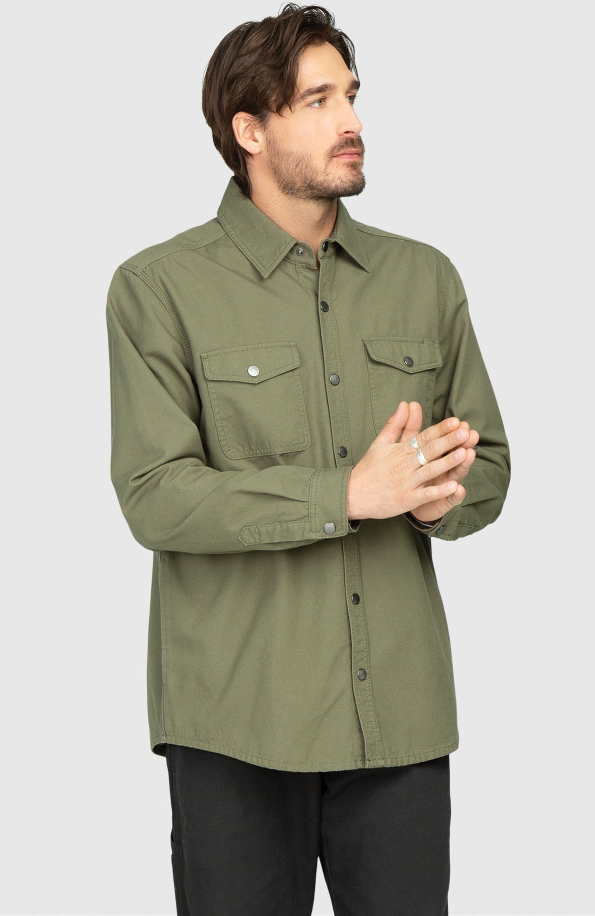 Sage Green Canvas Shirt Jacket - Front Buttoned Up