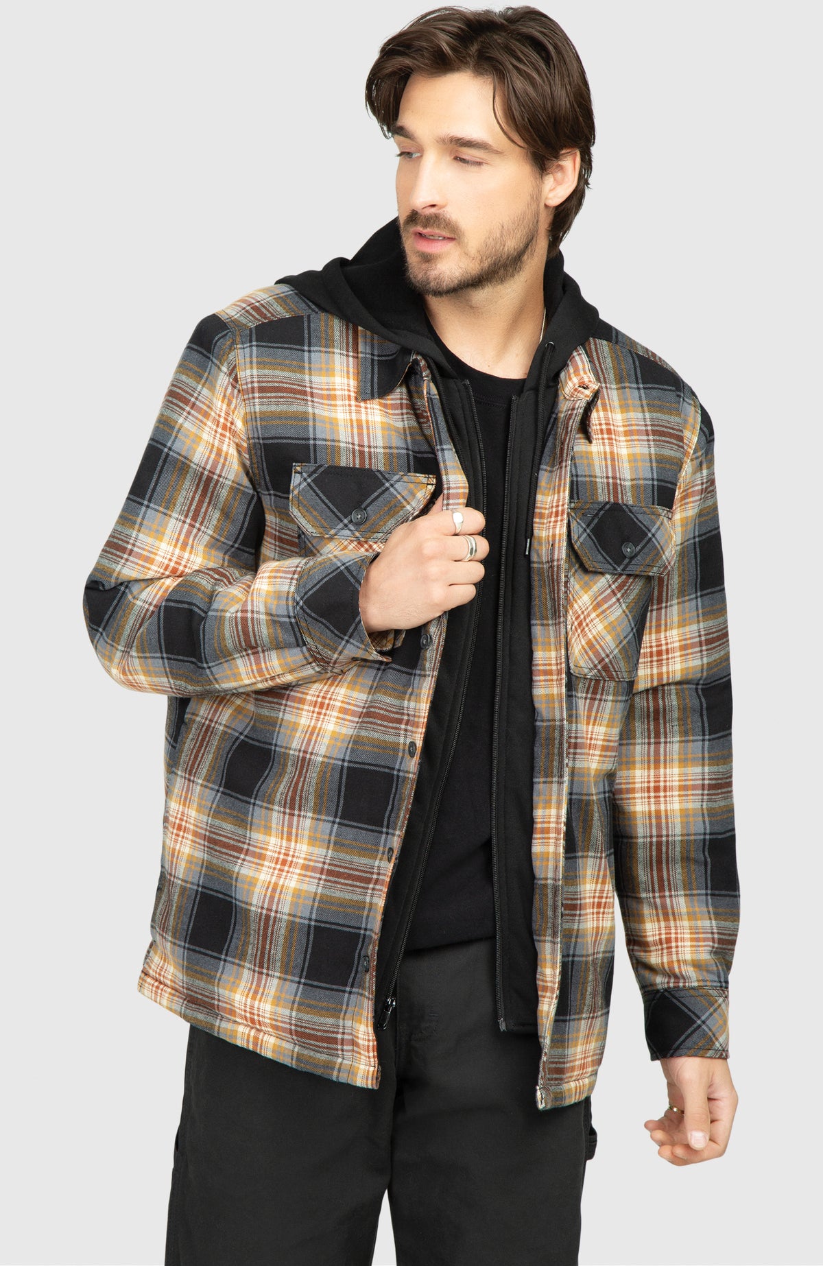 Chestnut Hooded Flannel Shirt Jacket - Front