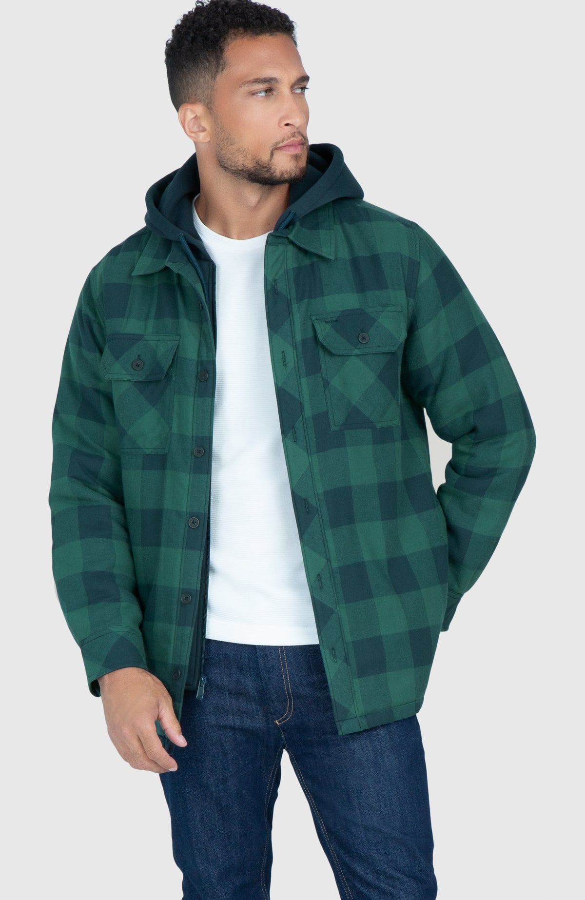 Sea Green Hooded Flannel Shirt Jacket - Front