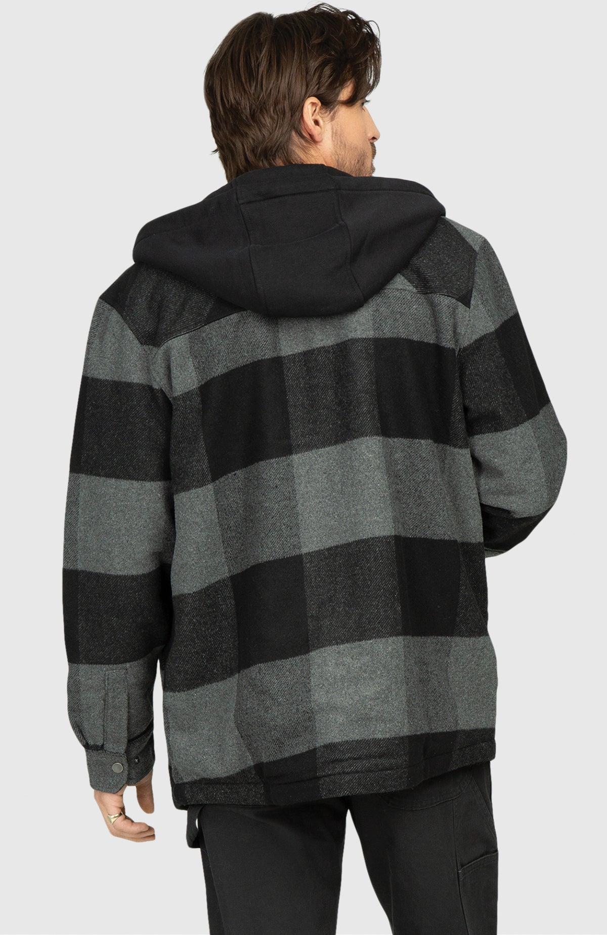 Black Steel Fleece Lined Hooded Plaid Shacket - Back