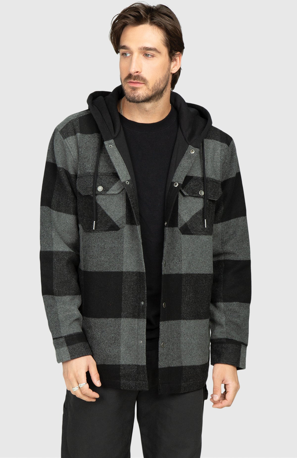 Black Steel Fleece Lined Hooded Plaid Shacket - Front