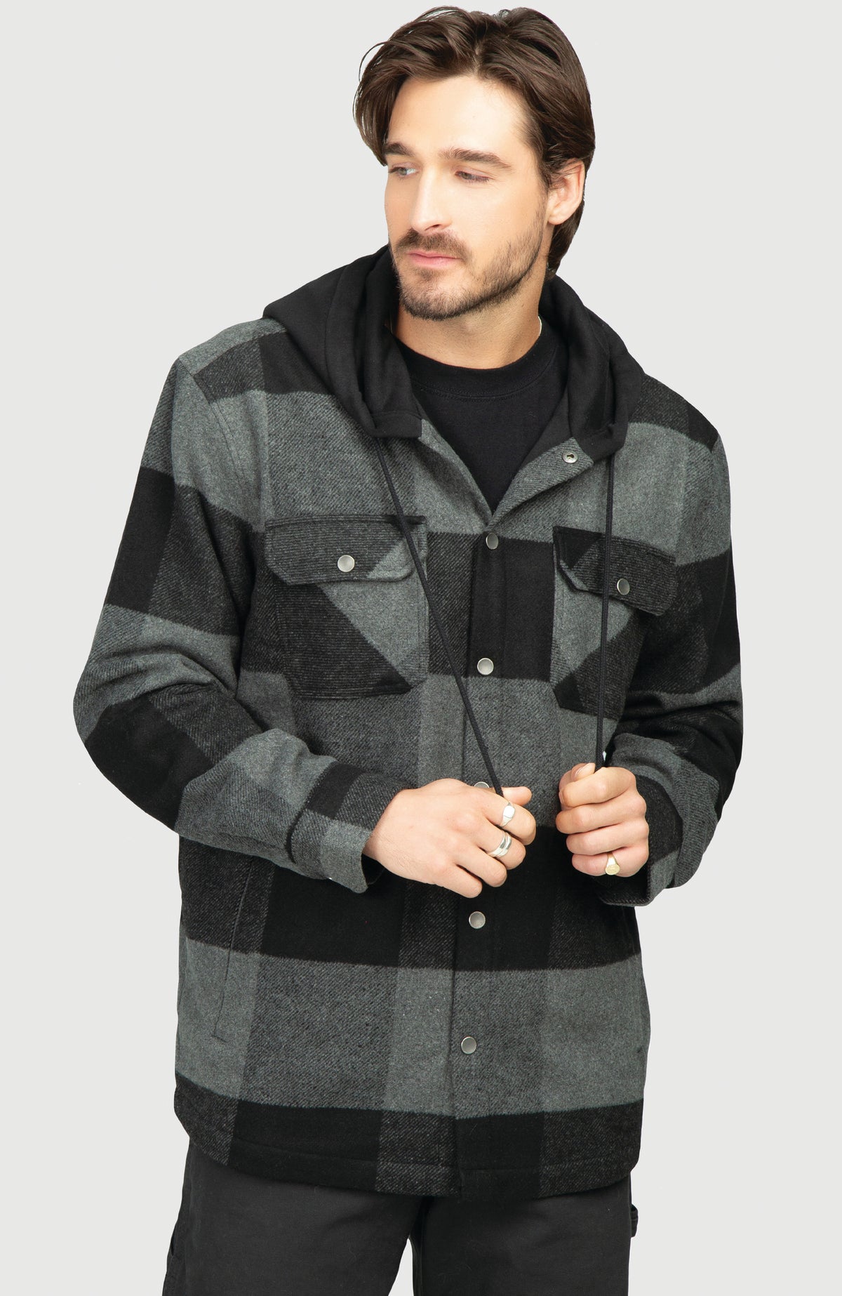 Black Steel Fleece Lined Hooded Plaid Shacket - Front Buttoned Up