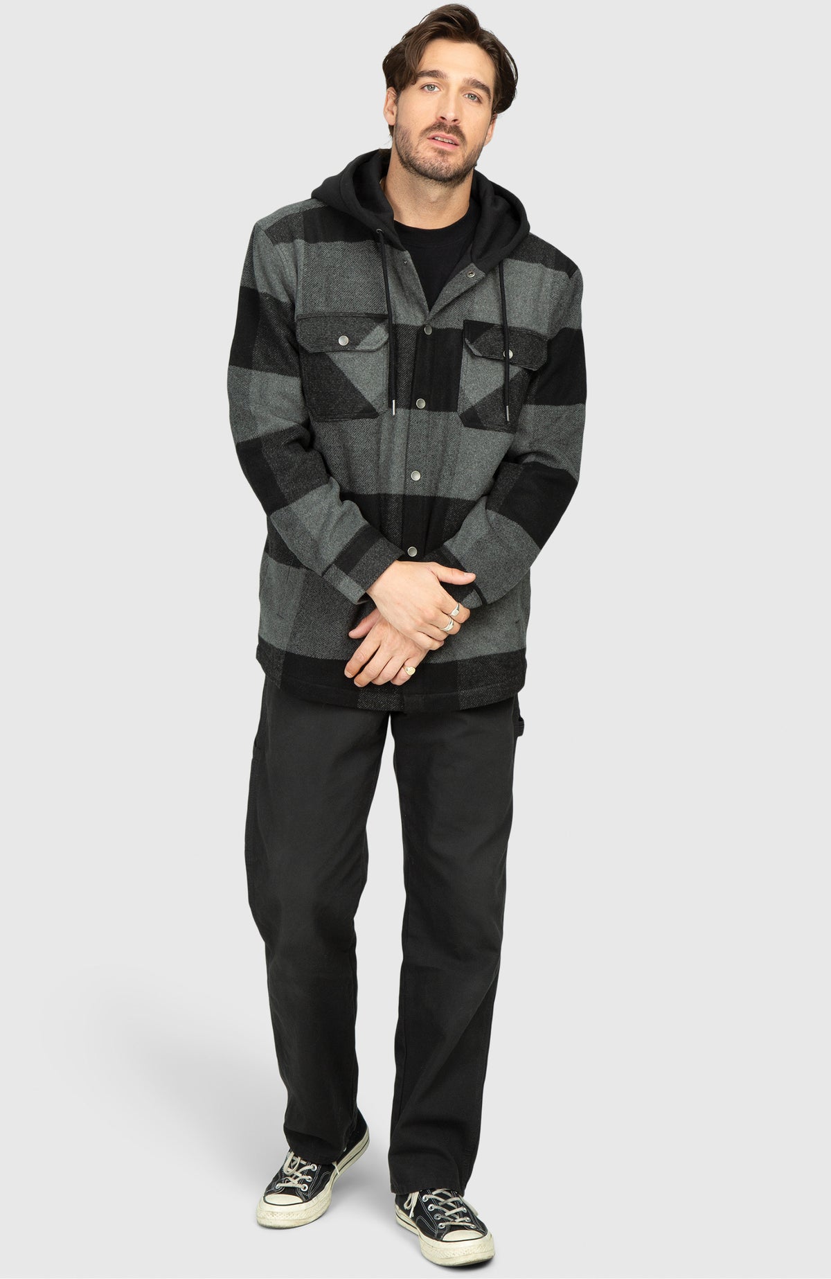 Black Steel Fleece Lined Hooded Plaid Shacket - Full Length