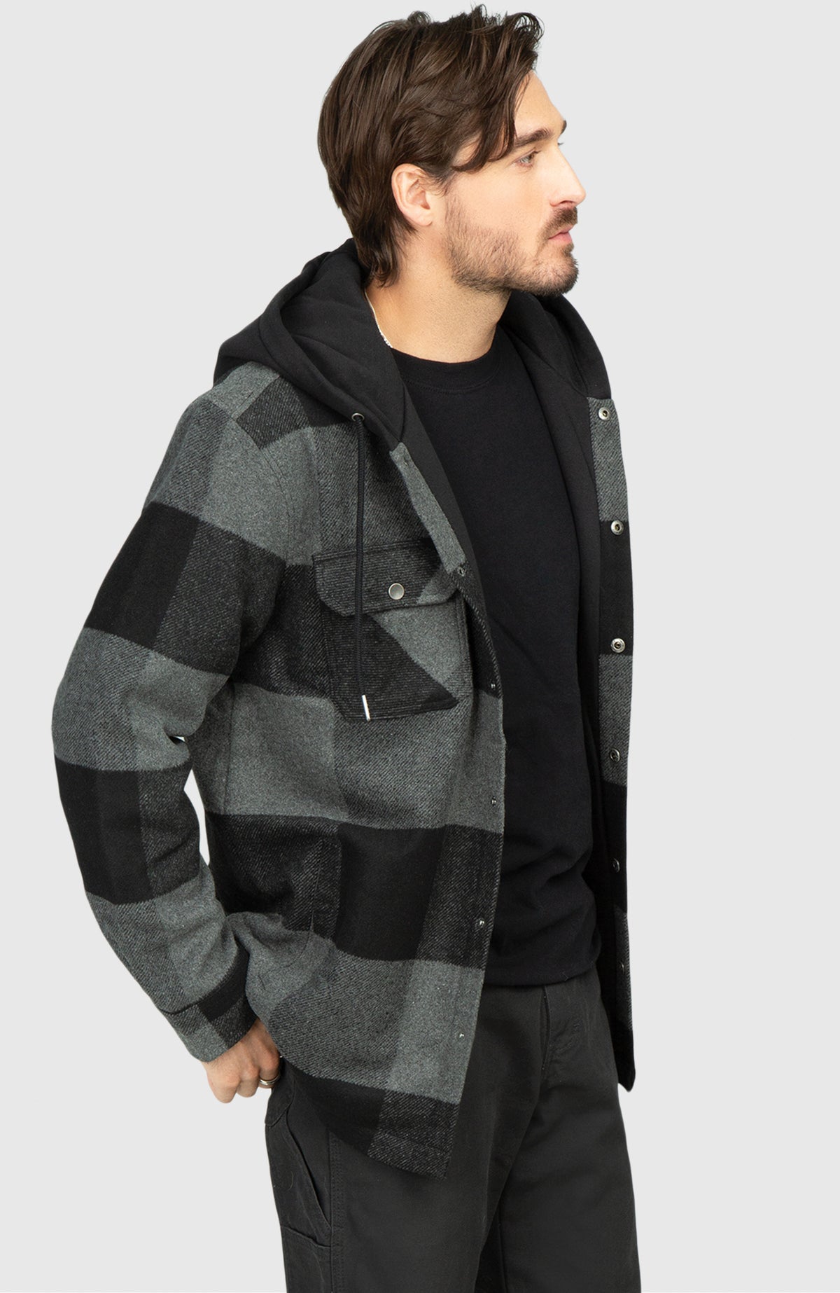 Black Steel Fleece Lined Hooded Plaid Shacket - Side