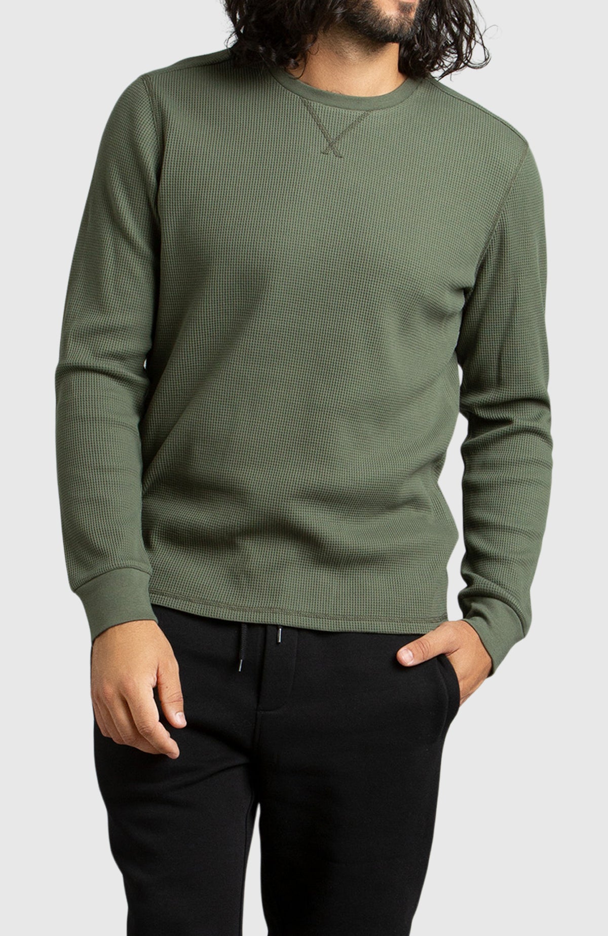 Green Waffle Crewneck Sweater for Men - Front