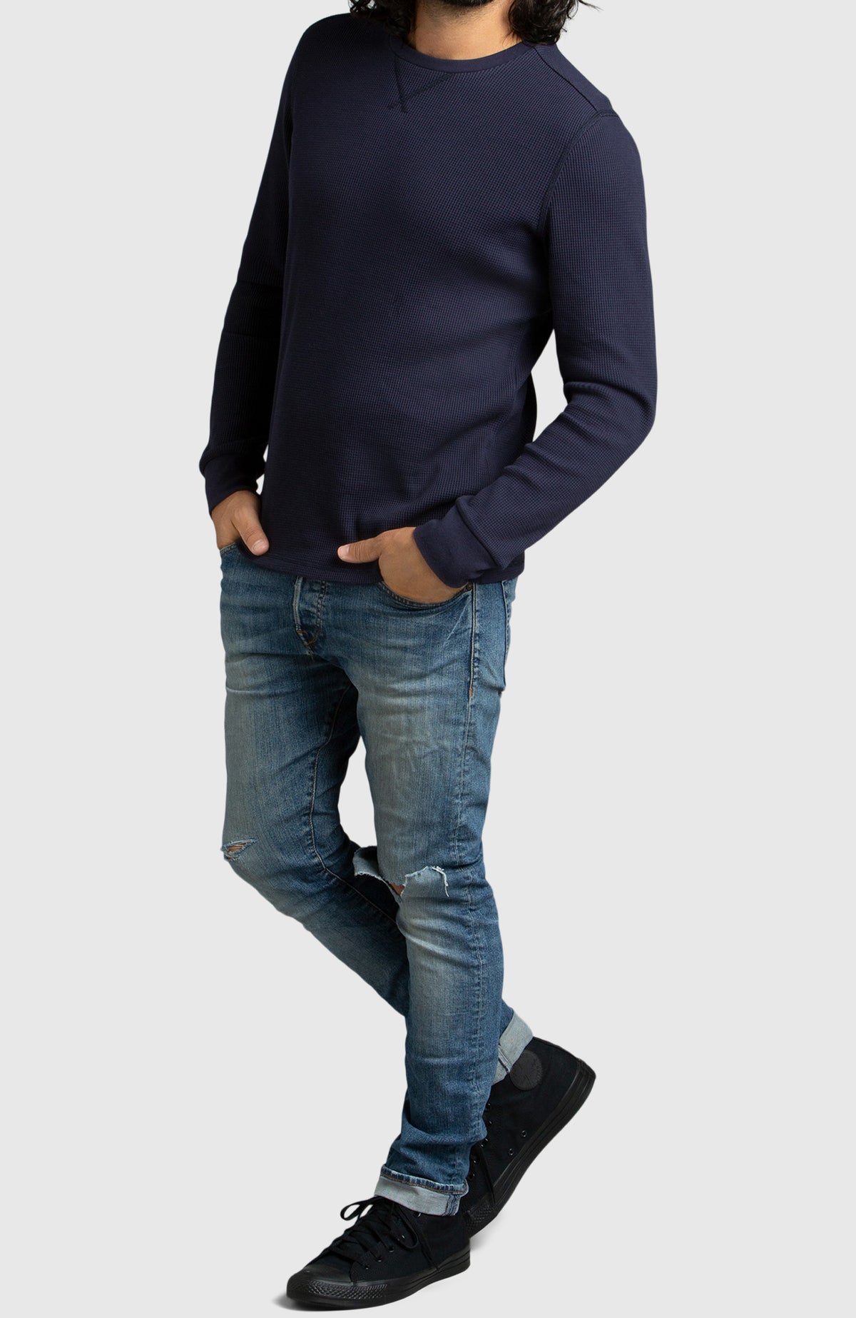Navy Waffle Crewneck Sweater for Men - Full