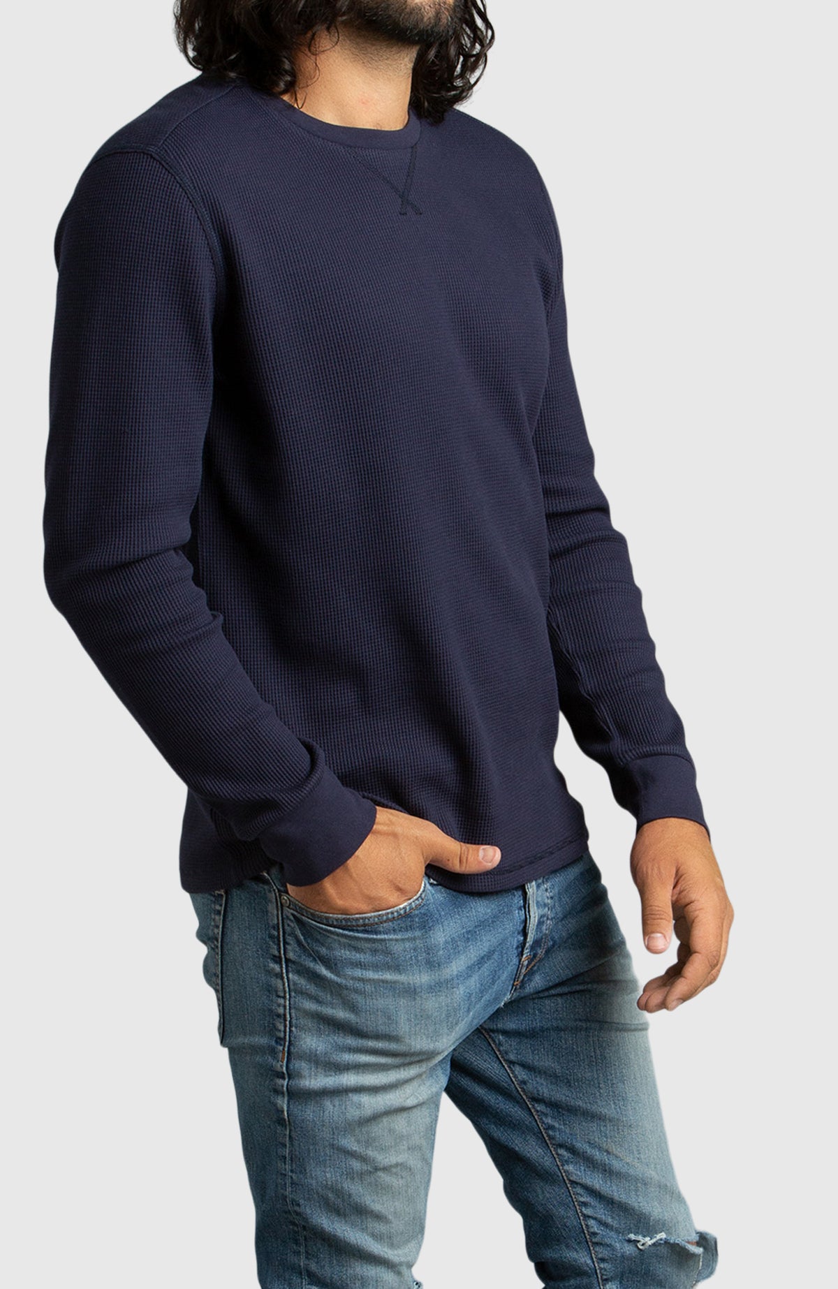Navy Waffle Crewneck Sweater for Men - Side