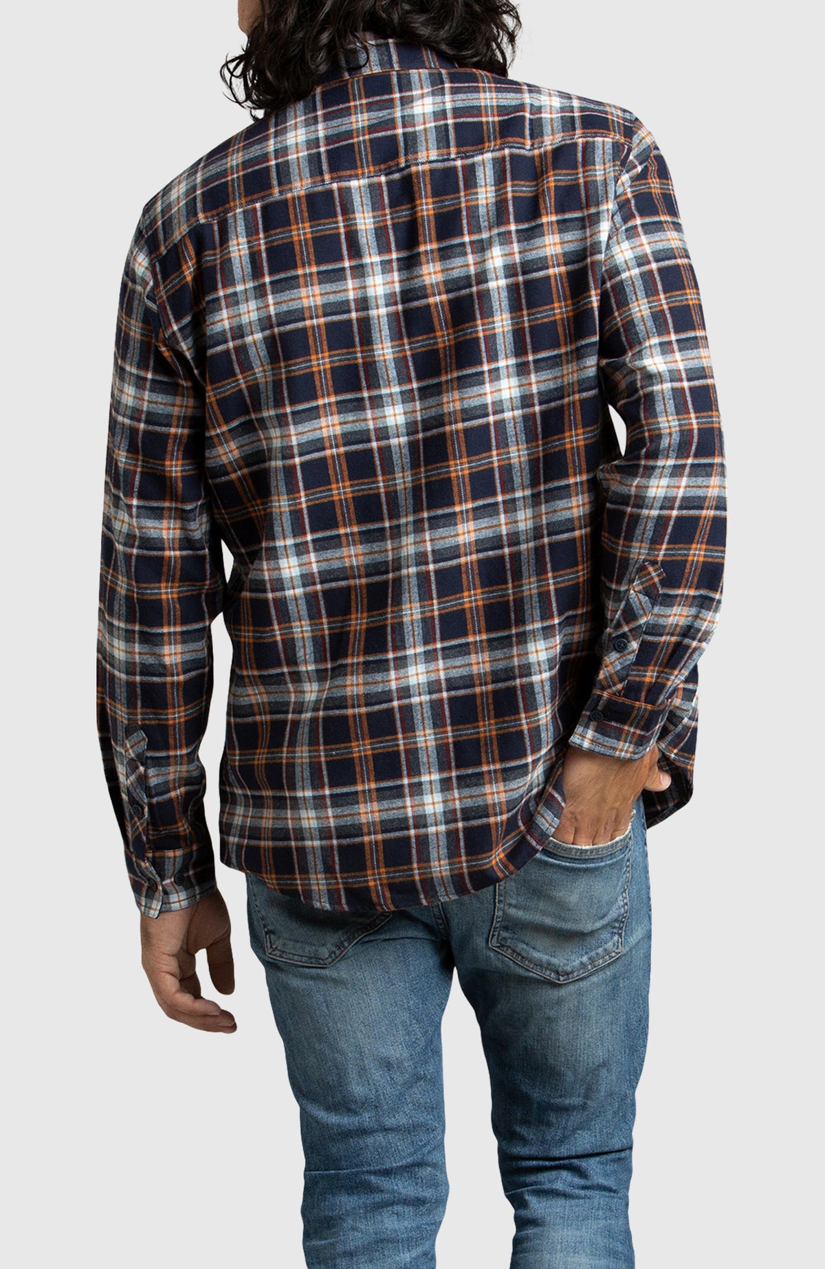 Orange & Navy Plaid Flannel Shirt for Men - Back