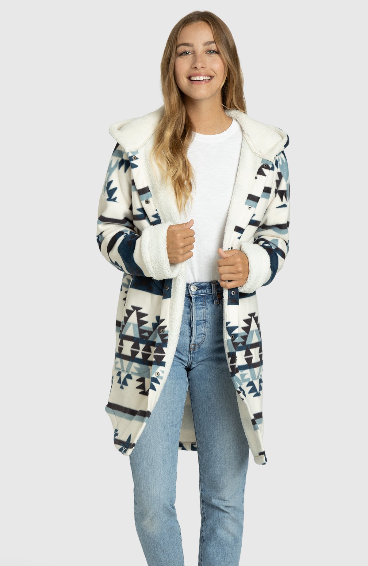 Glacial Blue Aztec Oversized Hooded Jacket for Women - Front