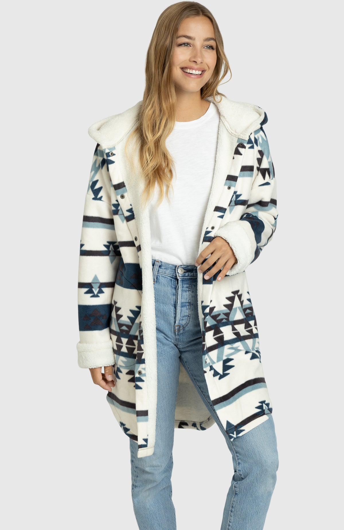 Glacial Blue Aztec Oversized Hooded Jacket for Women - Full Length