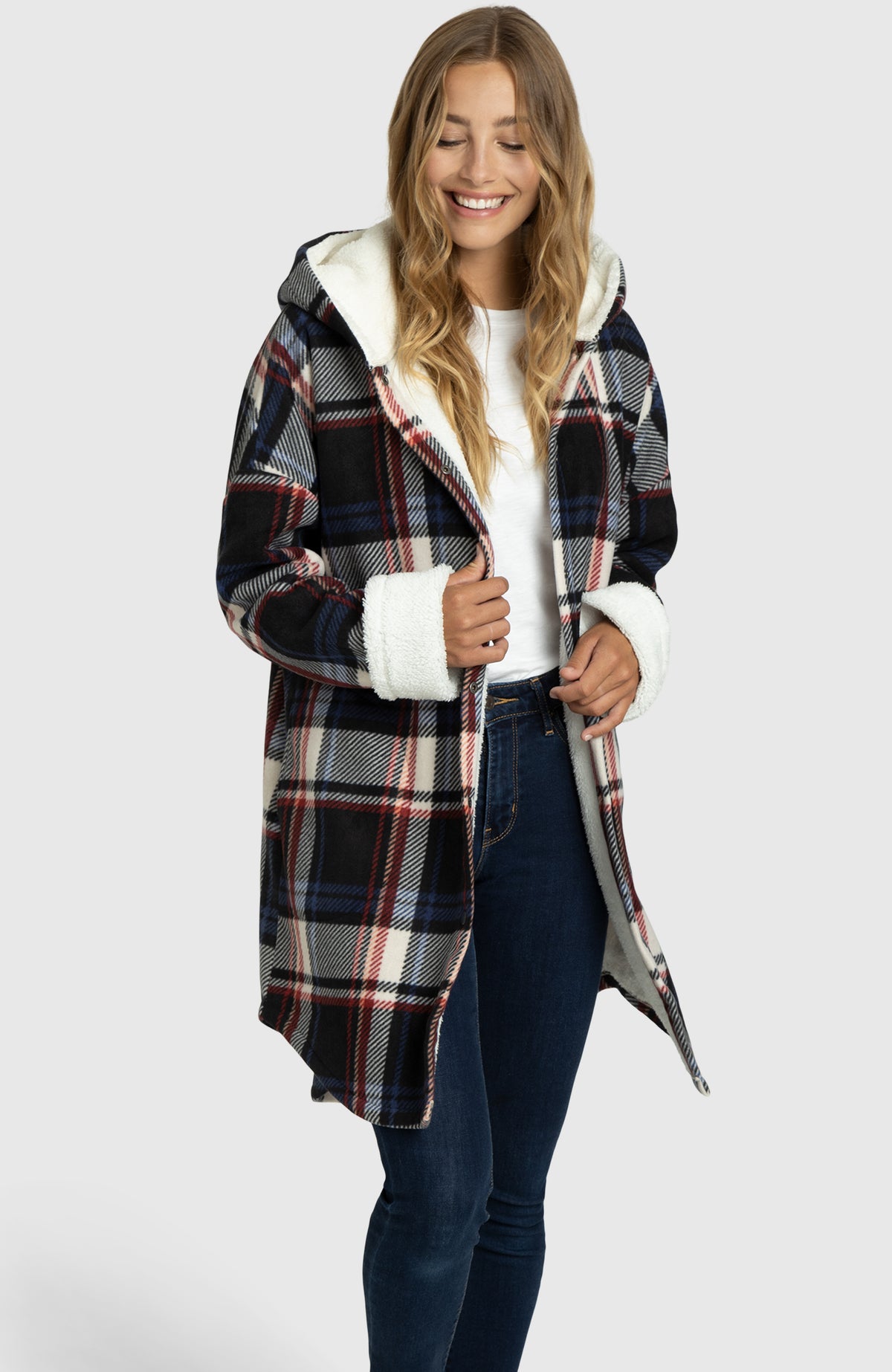 Navy & Red Ebony Oversized Hooded Jacket for Women - Full Length