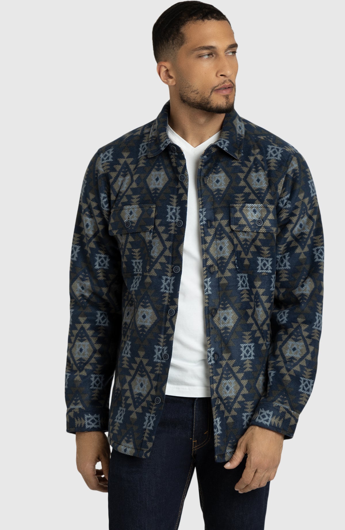 Navy Aztec Polar Fleece Shirt Jacket for Men - Front