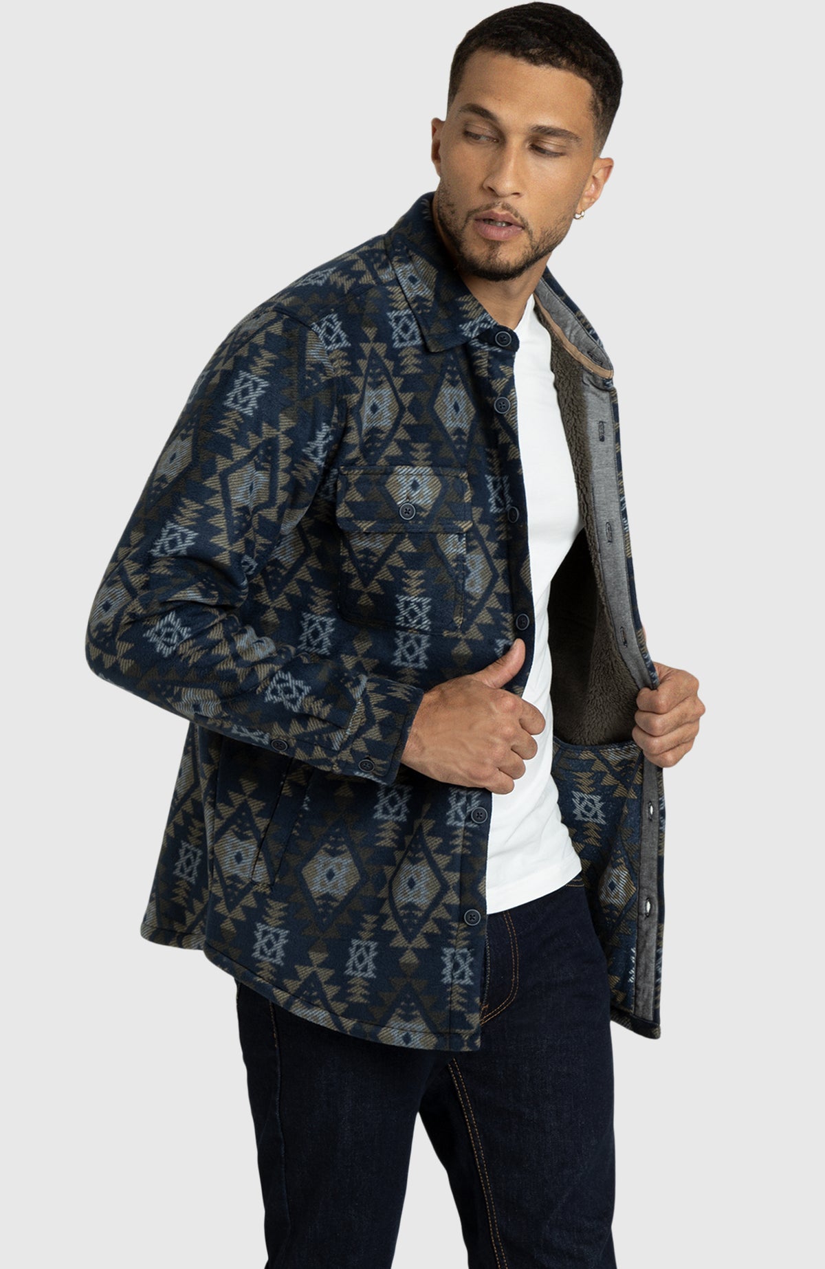 Navy Aztec Polar Fleece Shirt Jacket for Men - Side