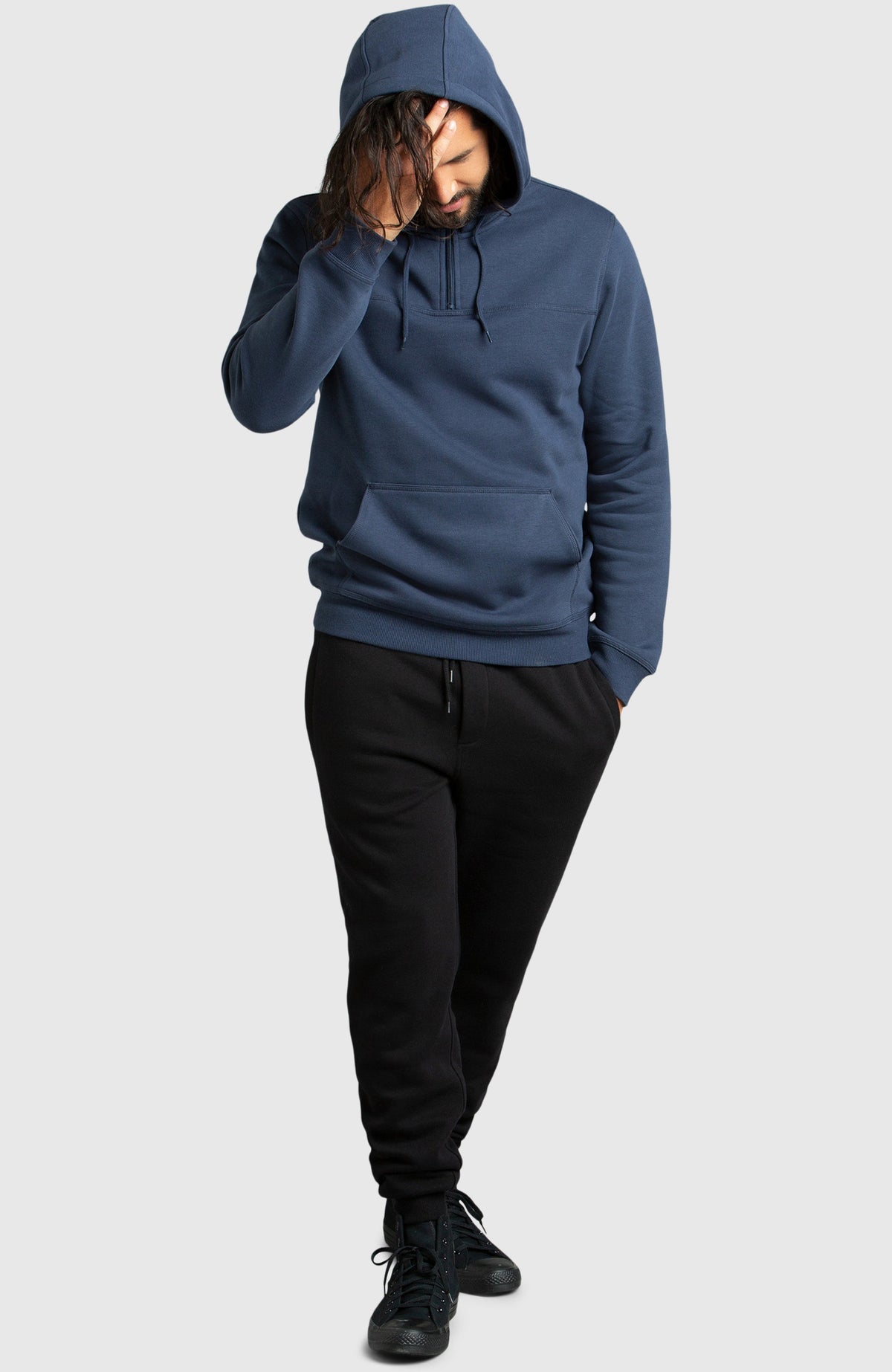 Blue Half-Zip Fleece Hoodie for Men - Full