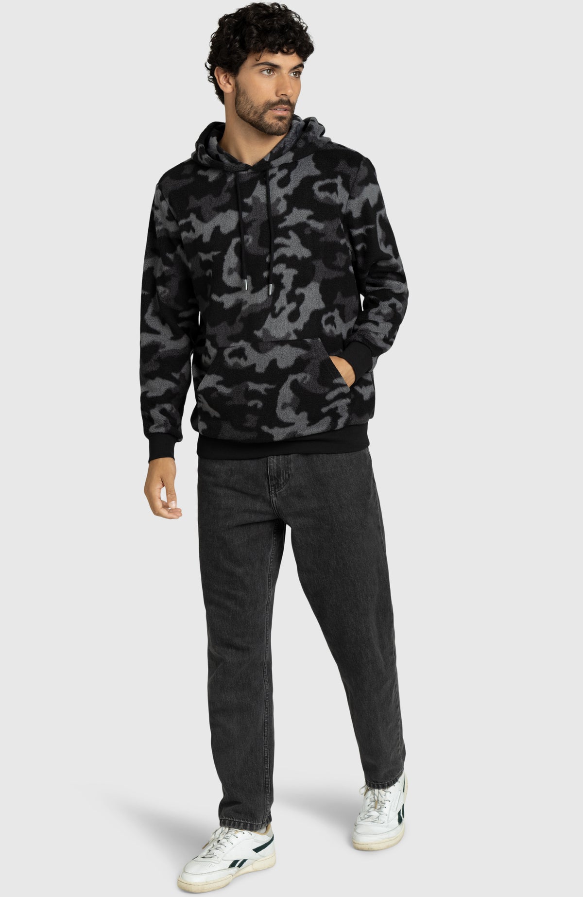 Black Camo Sherpa Hoodie for Men - Full Length