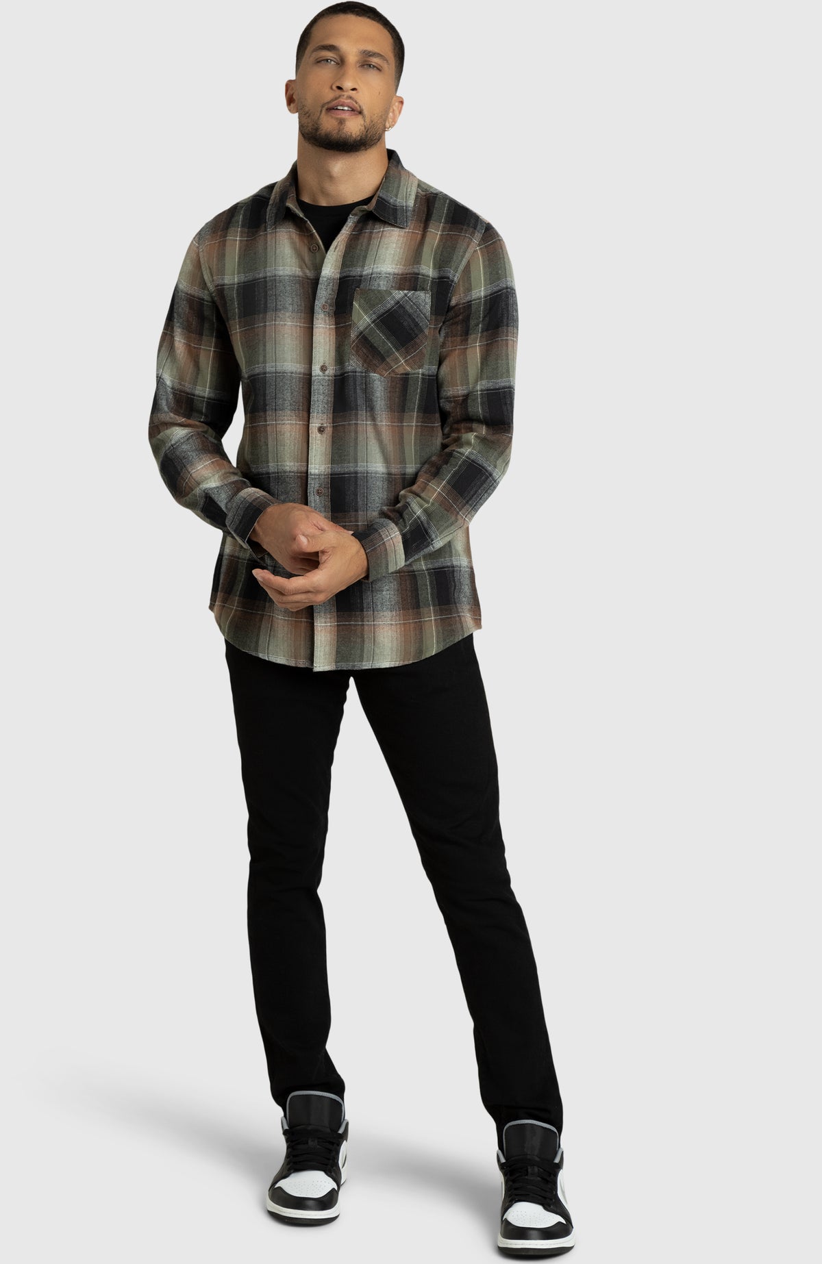 Dusty Olive Plaid Flannel Shirt for Men - Full Length