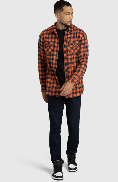 Boston Traders Orange and Navy Plaid Flannel Shirt L / Night Sky Plaid