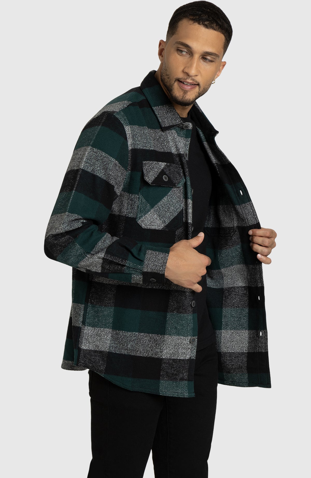 Hunter Green Plaid Overshirt for Men - Side