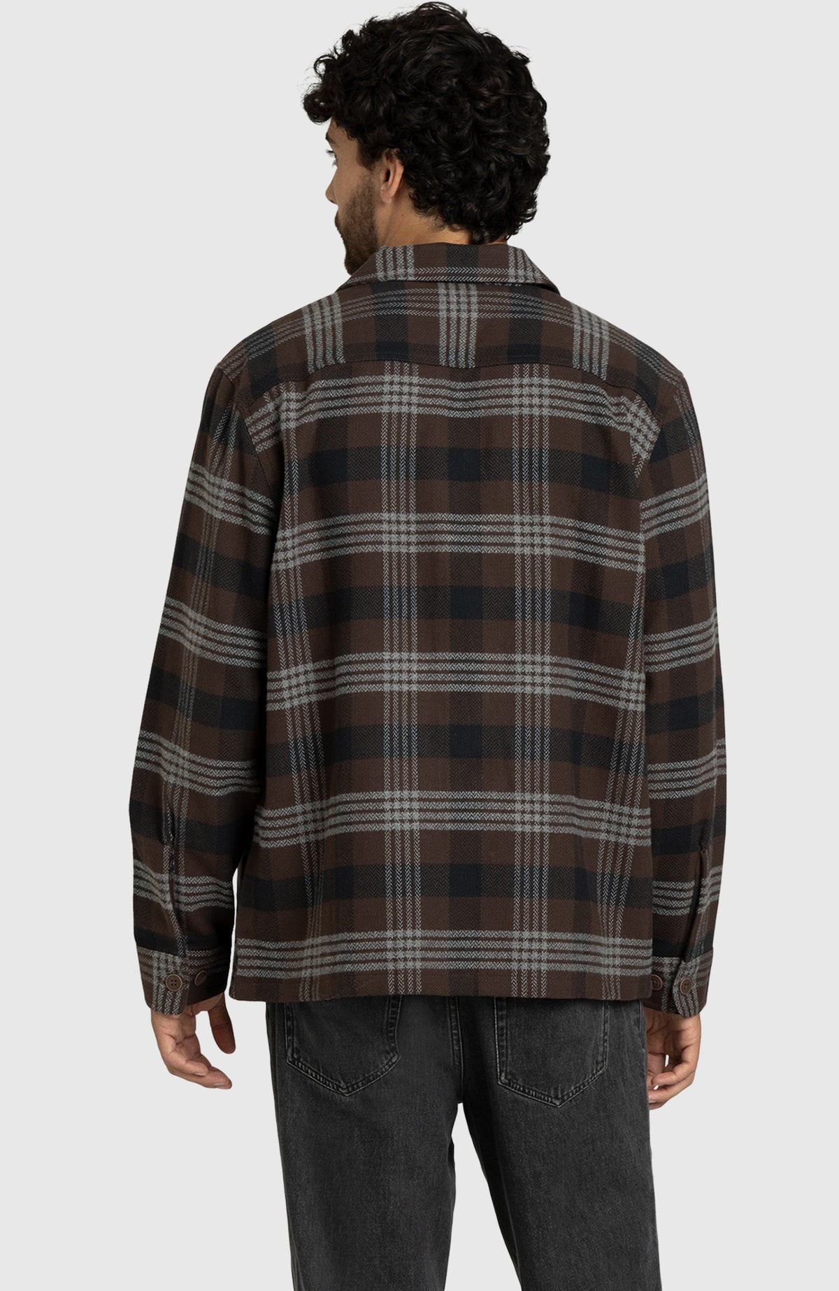 Chocolate Brown Herringbone Plaid Overshirt for Men - Back