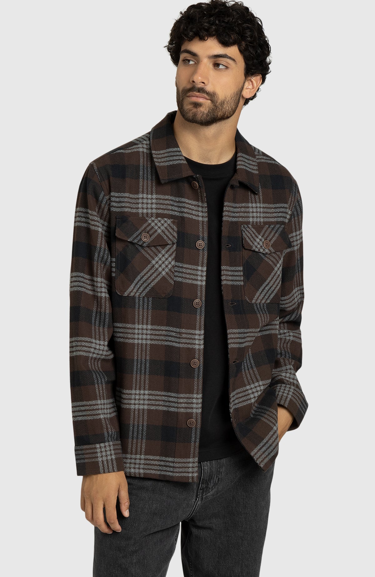 Chocolate Brown Herringbone Plaid Overshirt for Men - Front