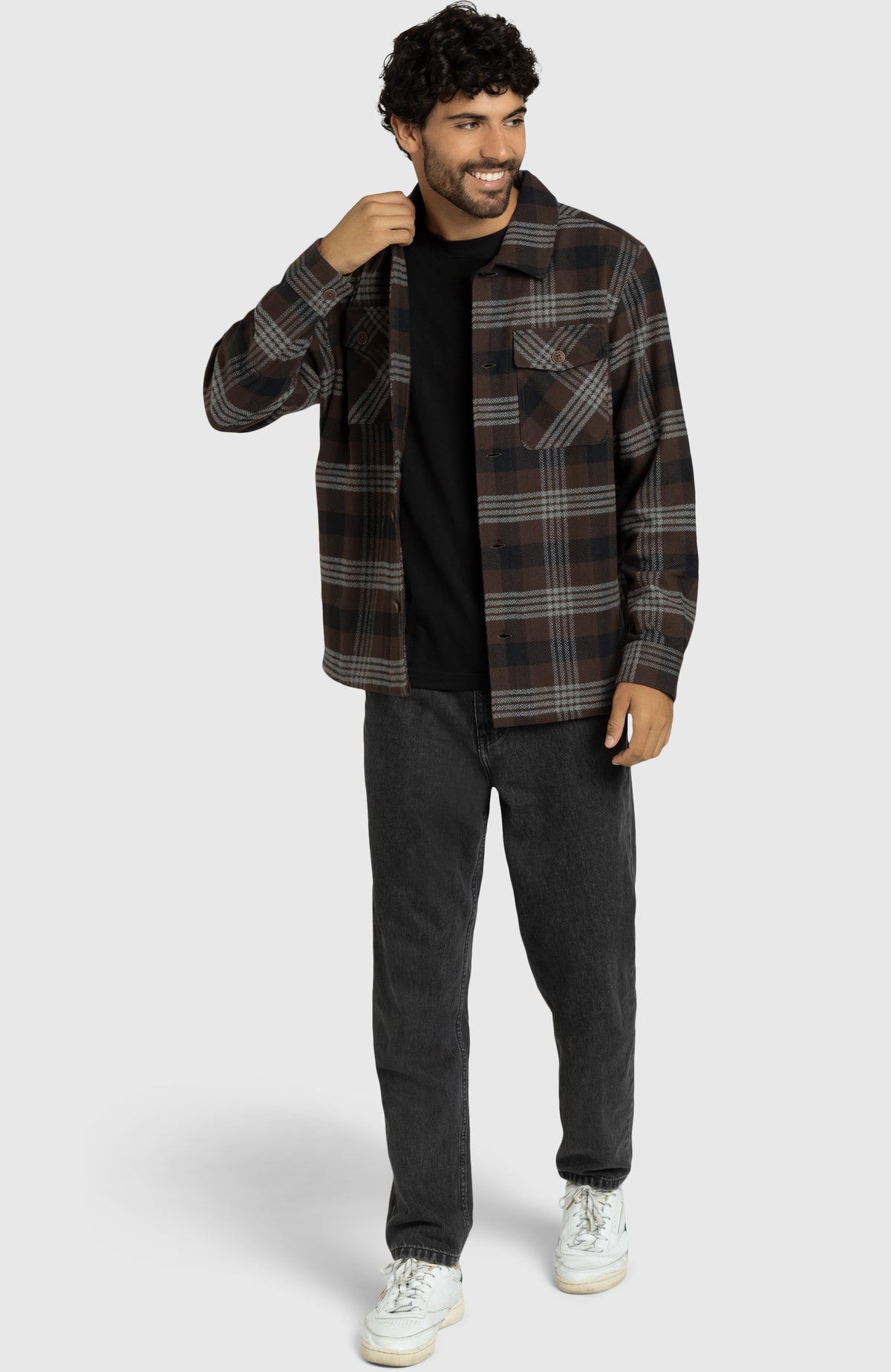 Chocolate Brown Herringbone Plaid Overshirt for Men - Full Length