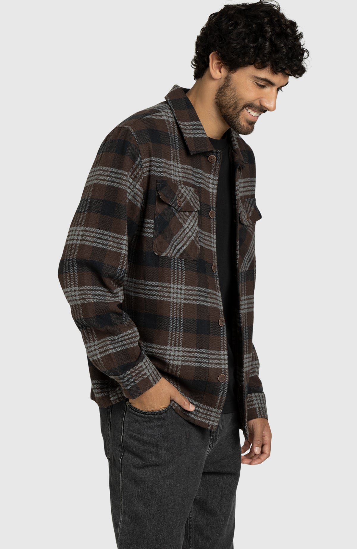 Chocolate Brown Herringbone Plaid Overshirt for Men - Side