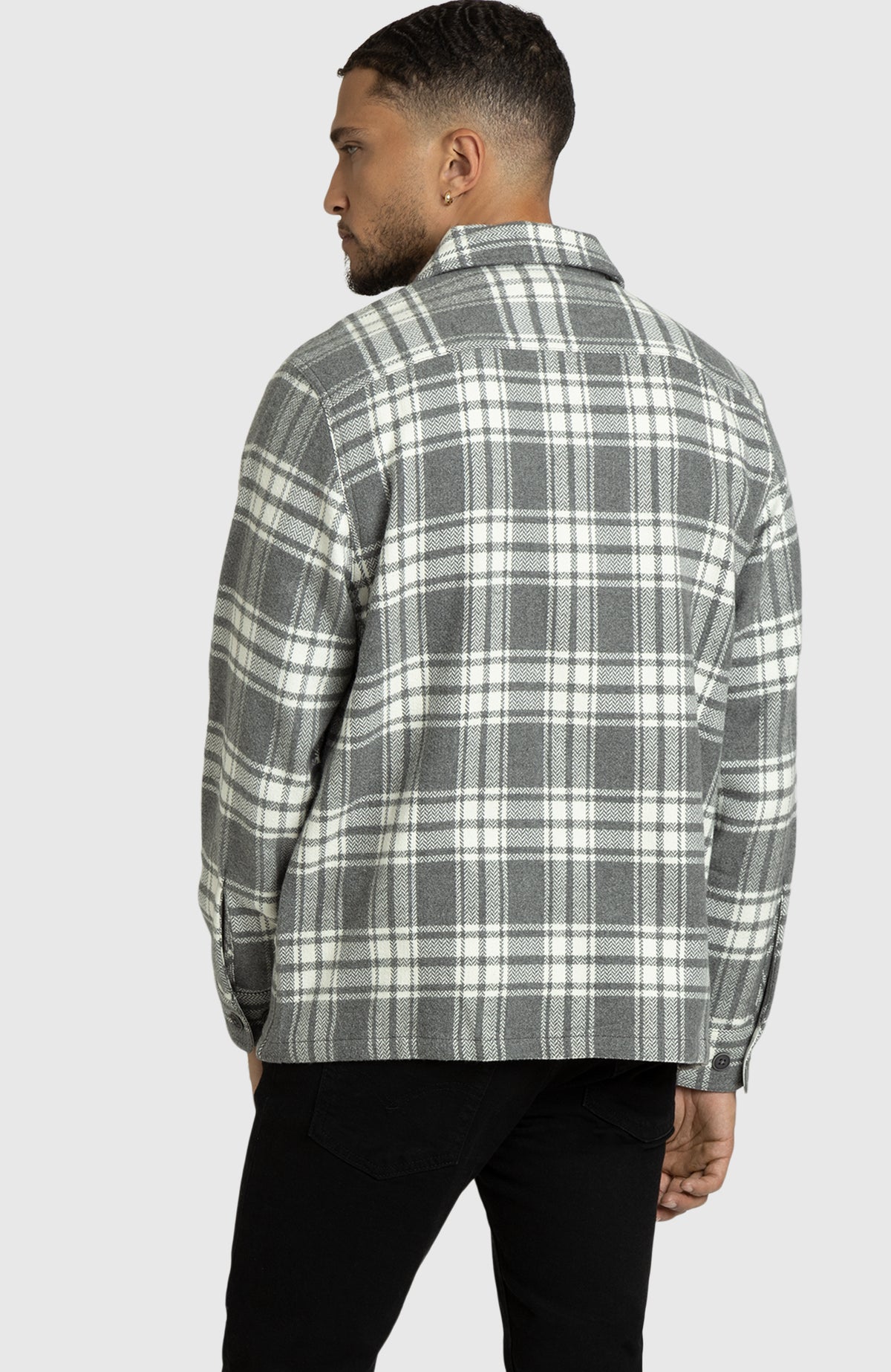 Grey and Ivory Herringbone Plaid Overshirt for Men - Back