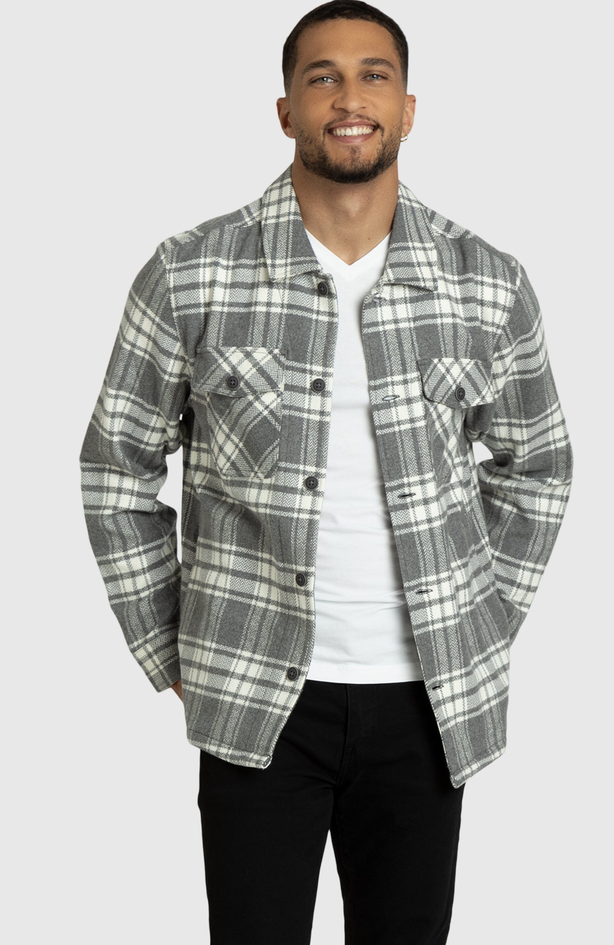 Grey and Ivory Herringbone Plaid Overshirt for Men - Front