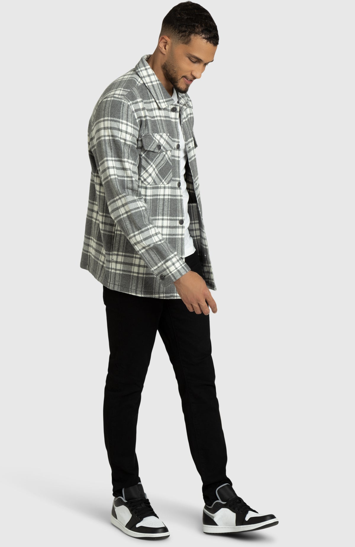 Grey and Ivory Herringbone Plaid Overshirt for Men - Full Length