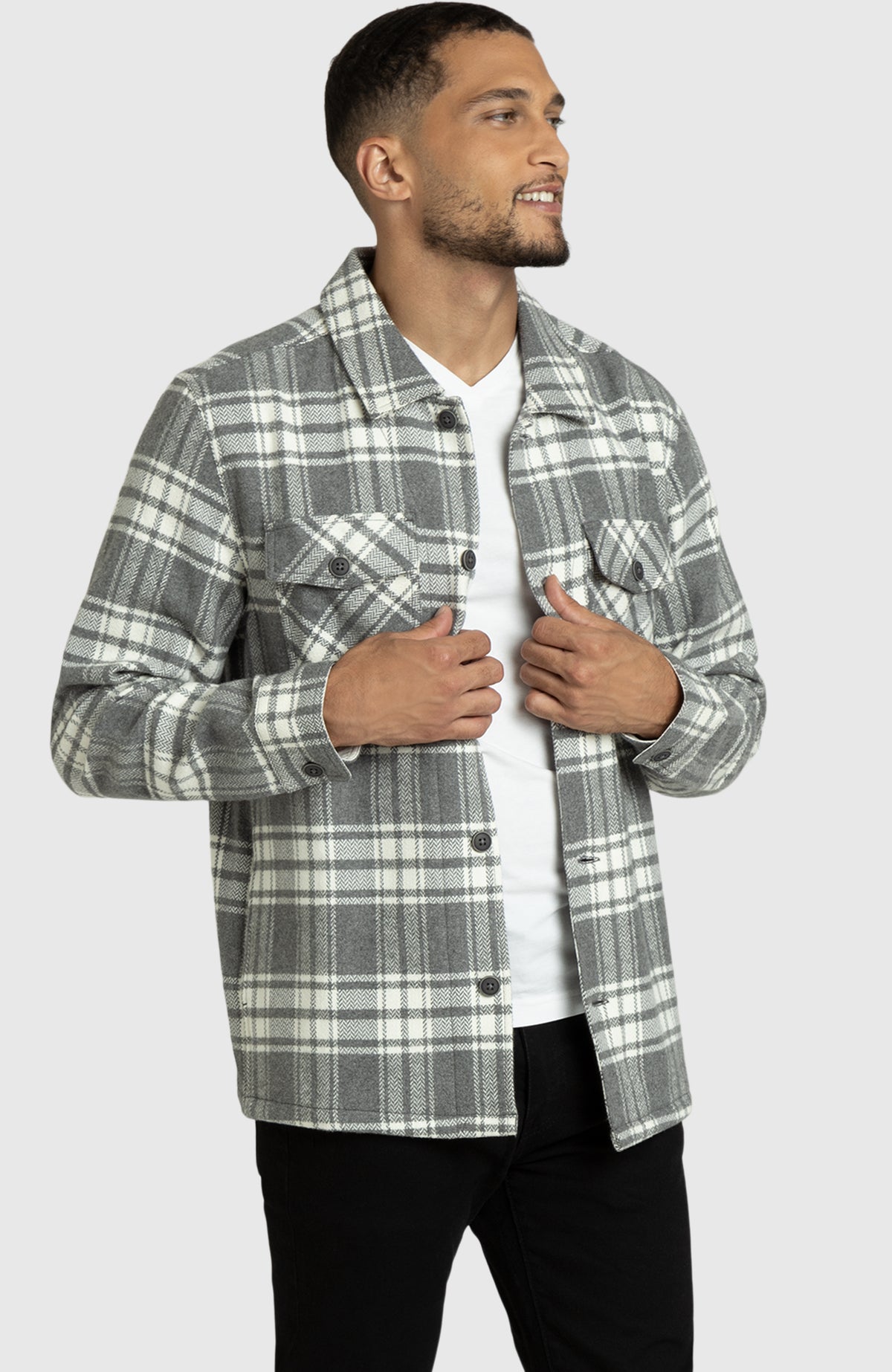 Grey and Ivory Herringbone Plaid Overshirt for Men - Side