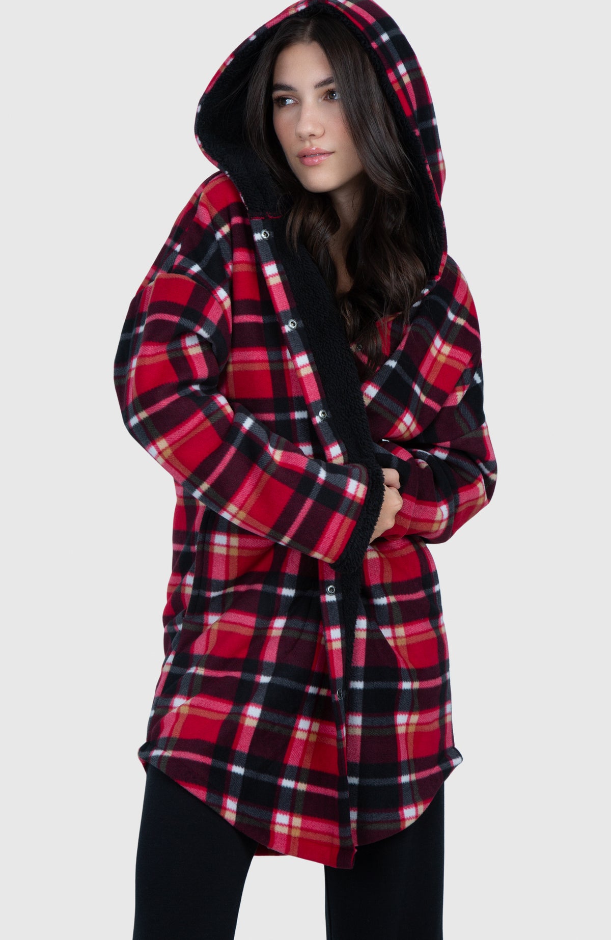 Black Cherry Long Plush Oversized Hooded Jacket - Front