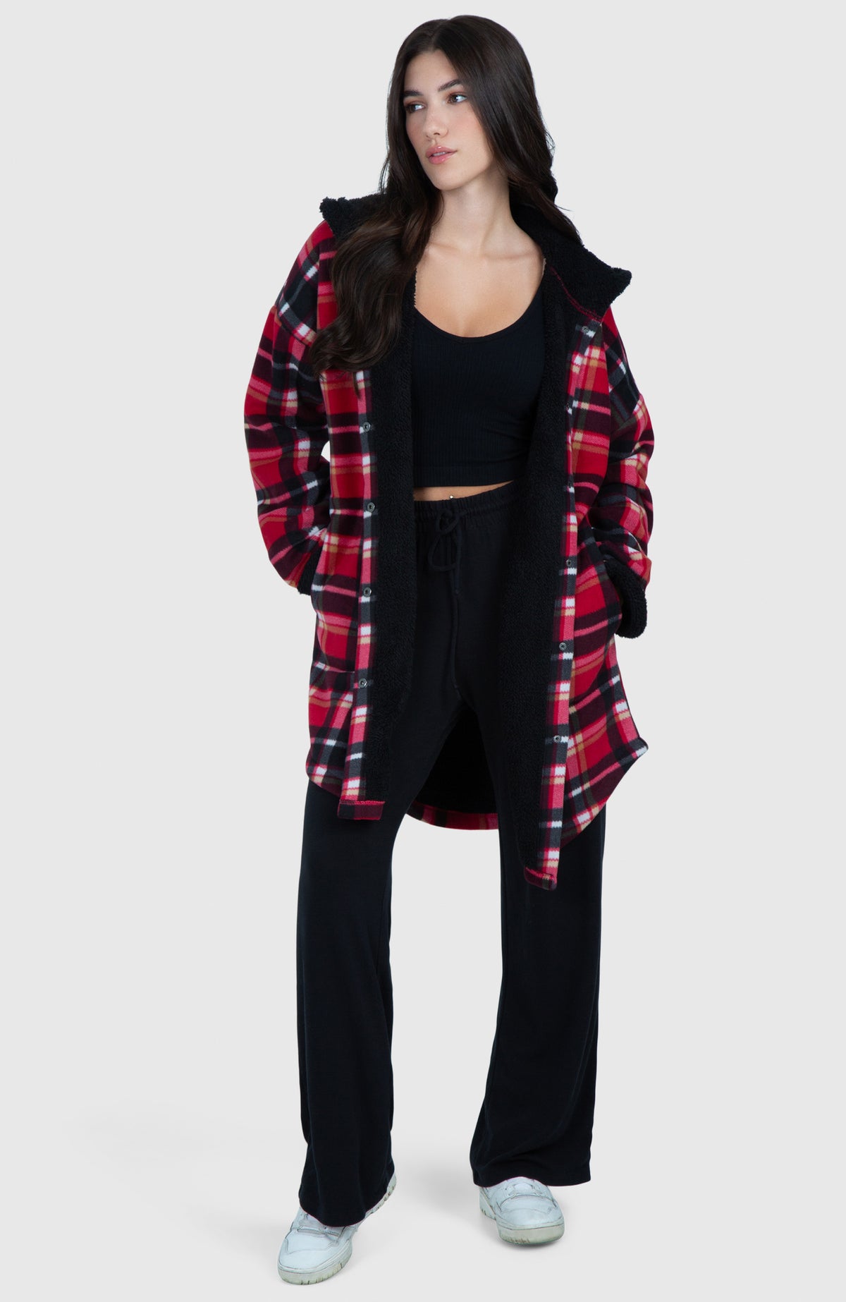 Black Cherry Long Plush Oversized Hooded Jacket - Front2