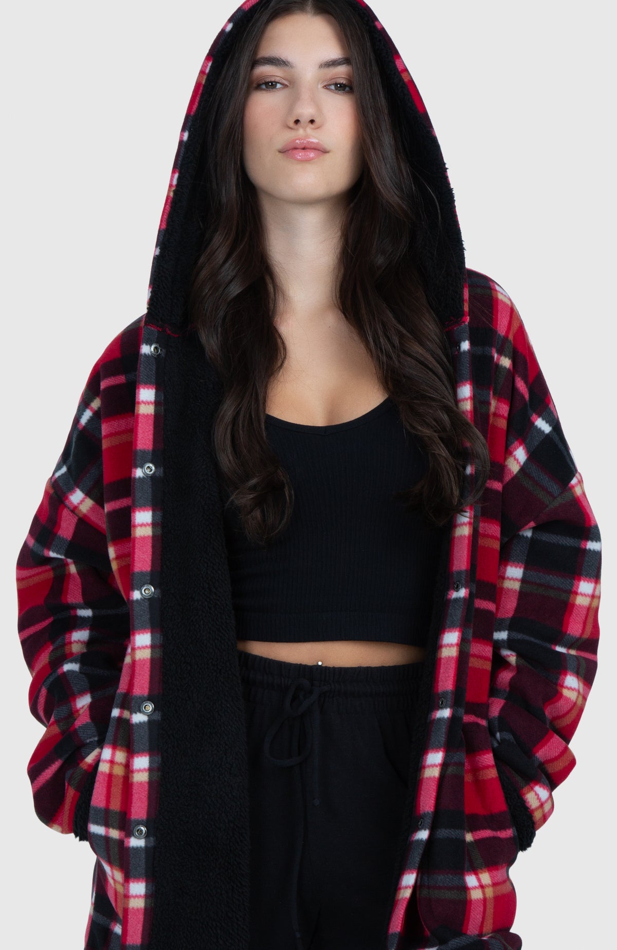 Black Cherry Long Plush Oversized Hooded Jacket - Lifestyle