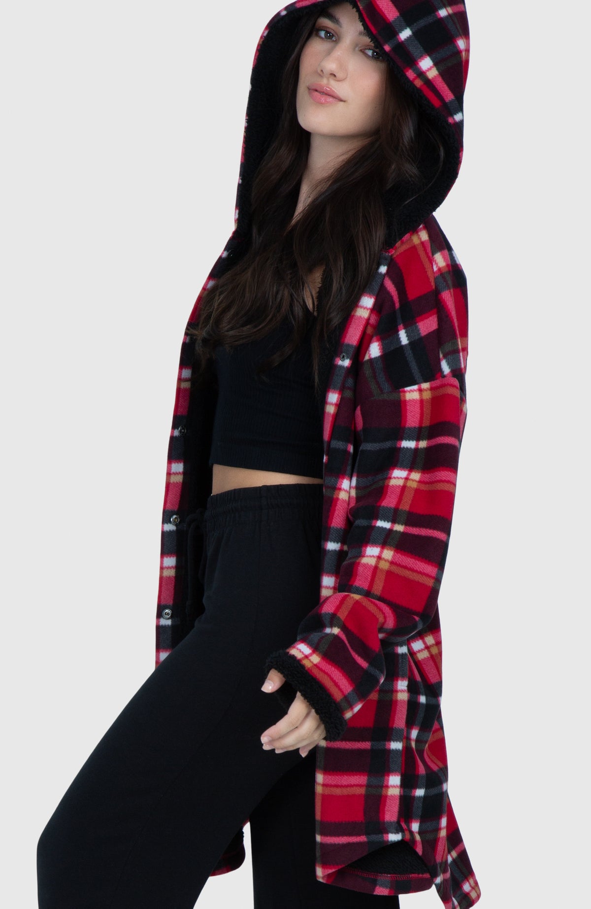 Black Cherry Long Plush Oversized Hooded Jacket - Side