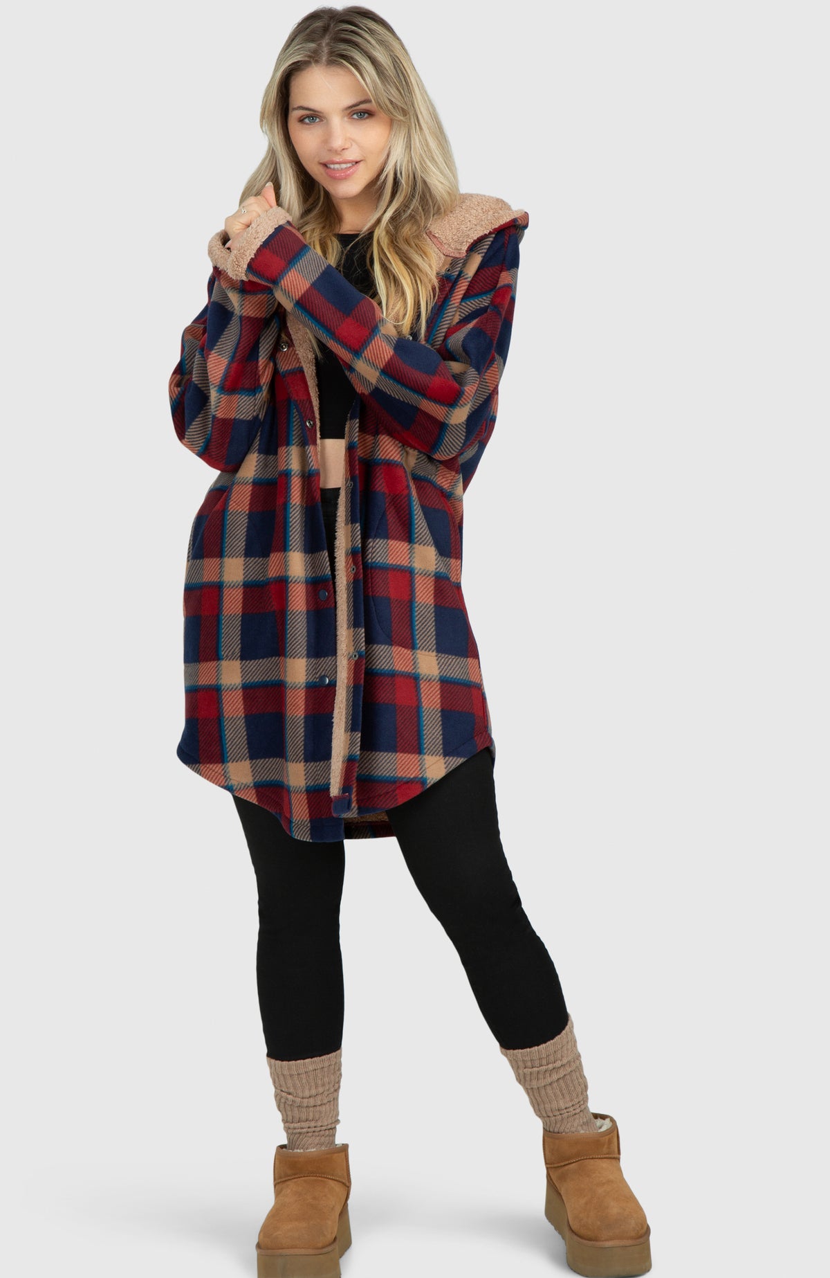 Retro Ruby Long Plush Oversized Hooded Jacket - Front