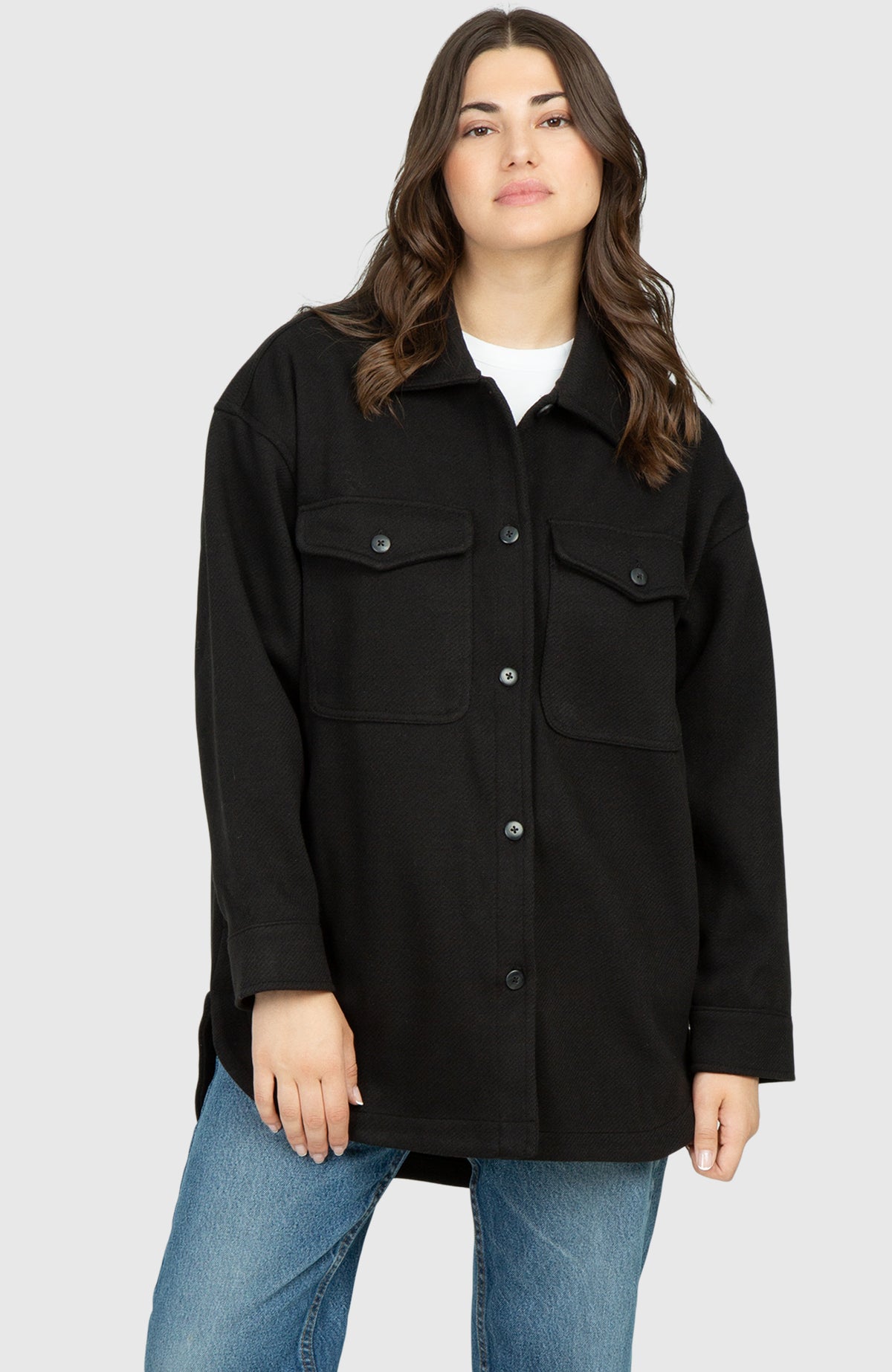 Smokey Black Oversized Twill Knit Shacket for Women - Front Buttoned Up