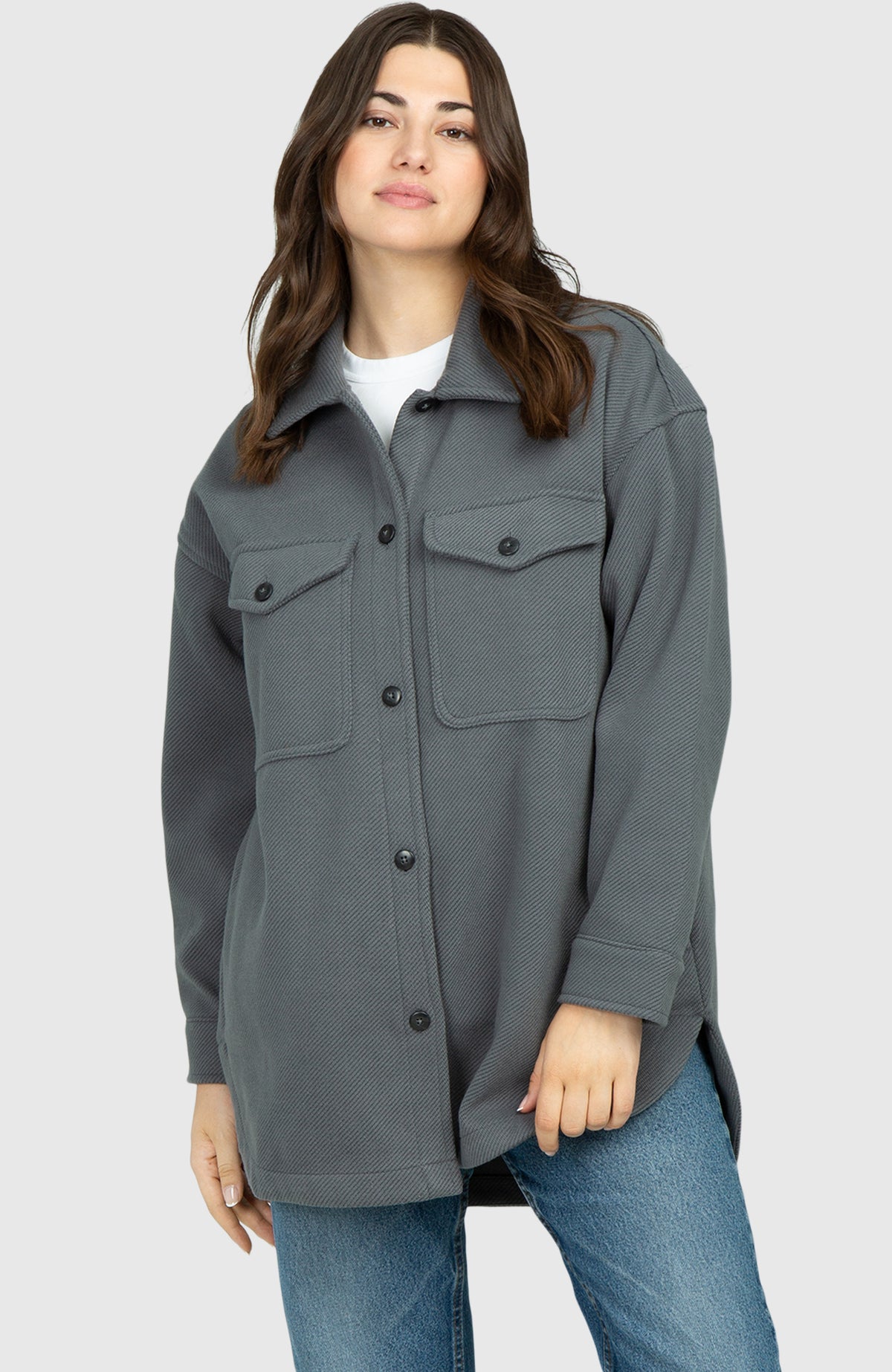 Slate Grey Oversized Twill Knit Shacket for Women - Front Buttoned Up