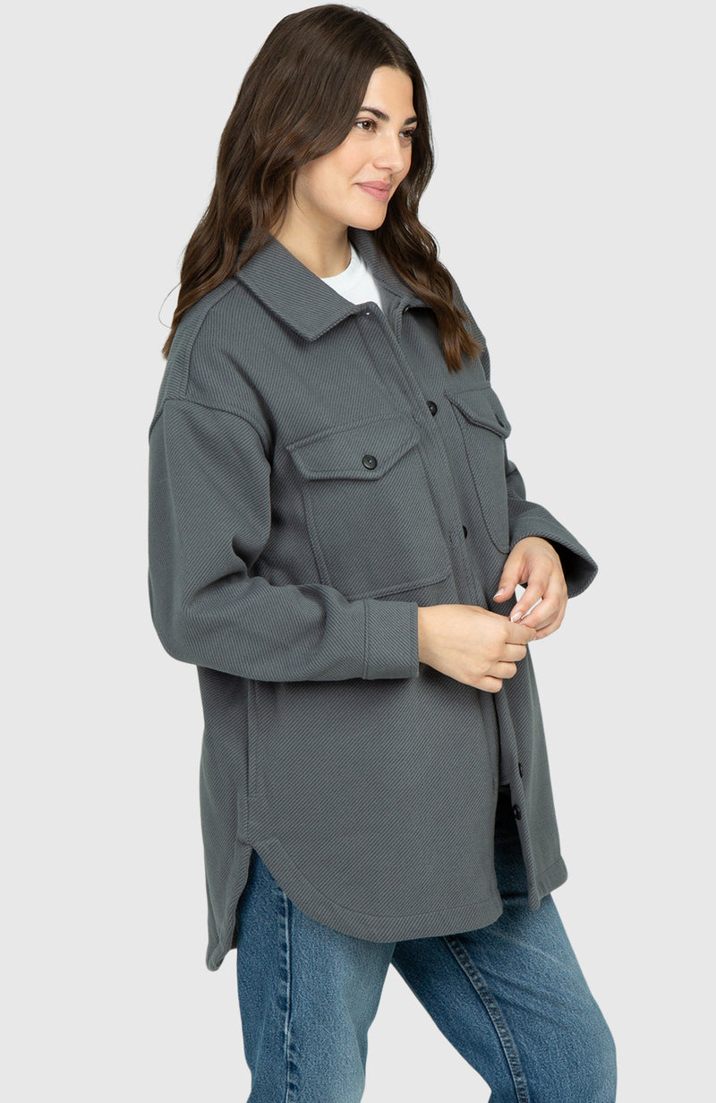 Slate Grey Oversized Twill Knit Shacket for Women - Side
