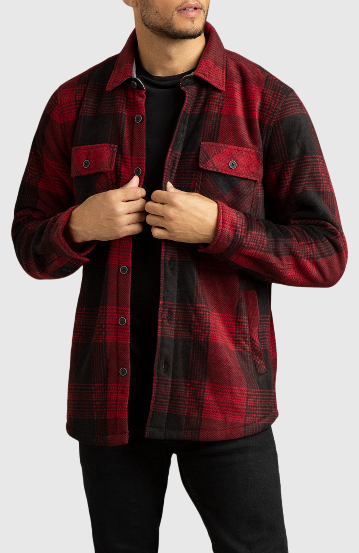 Red & Black Polar Fleece Shirt Jacket for Men - Front