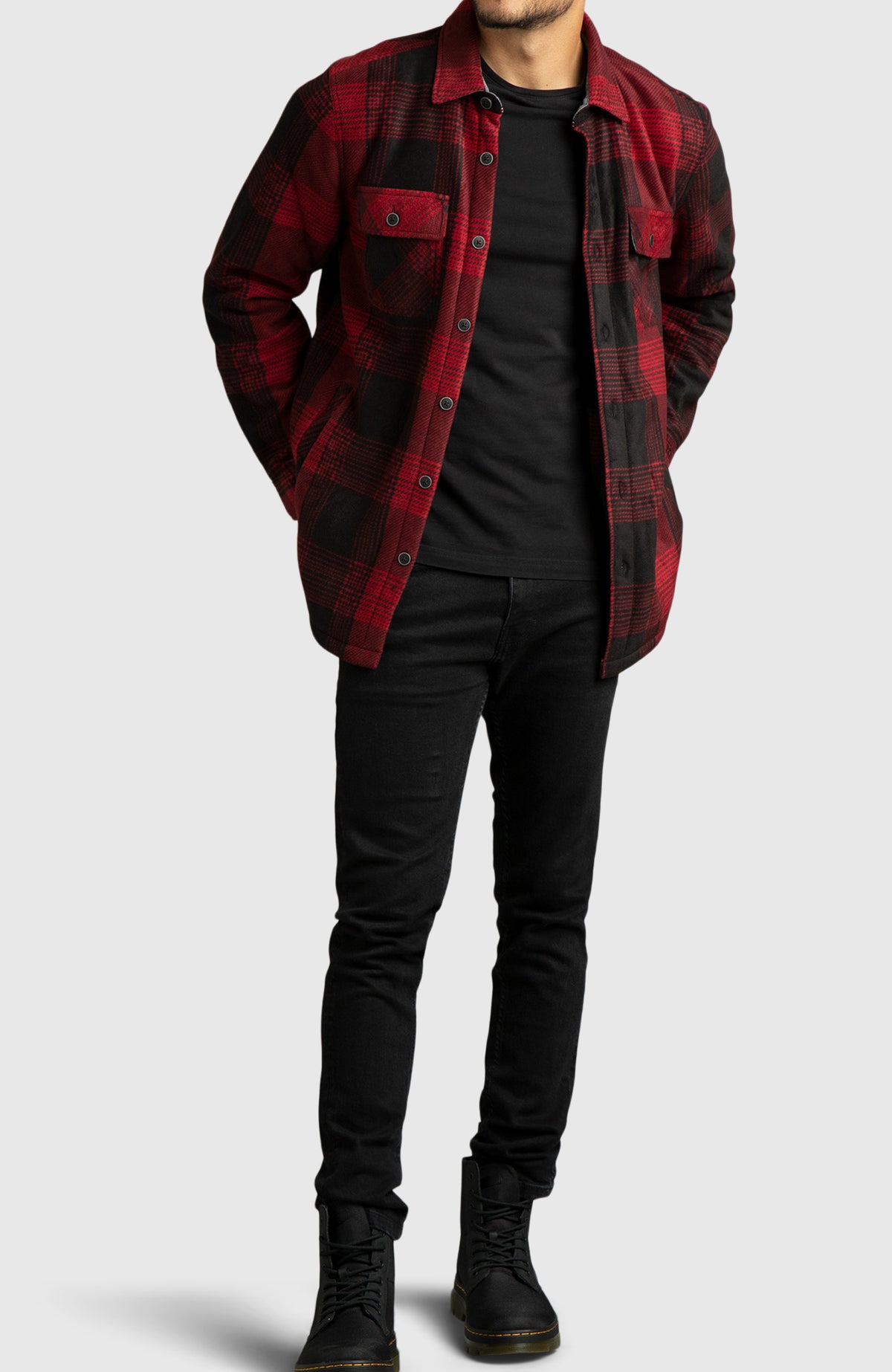 Red & Black Polar Fleece Shirt Jacket for Men - Full Length